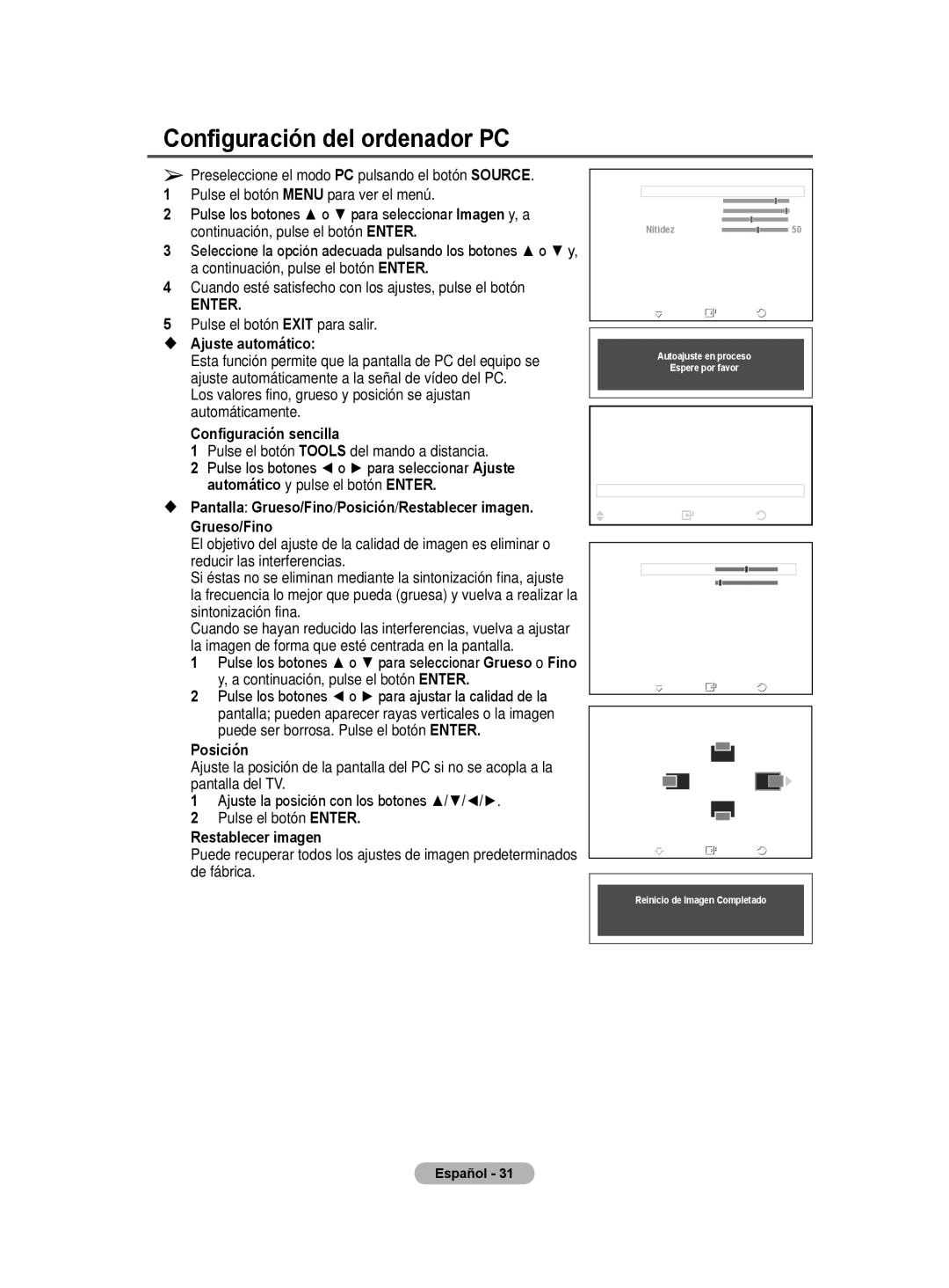 Samsung BN68-01422A-01 Configuración del ordenador PC,  Ajuste automático, Grueso/Fino, Posición, Restablecer imagen 