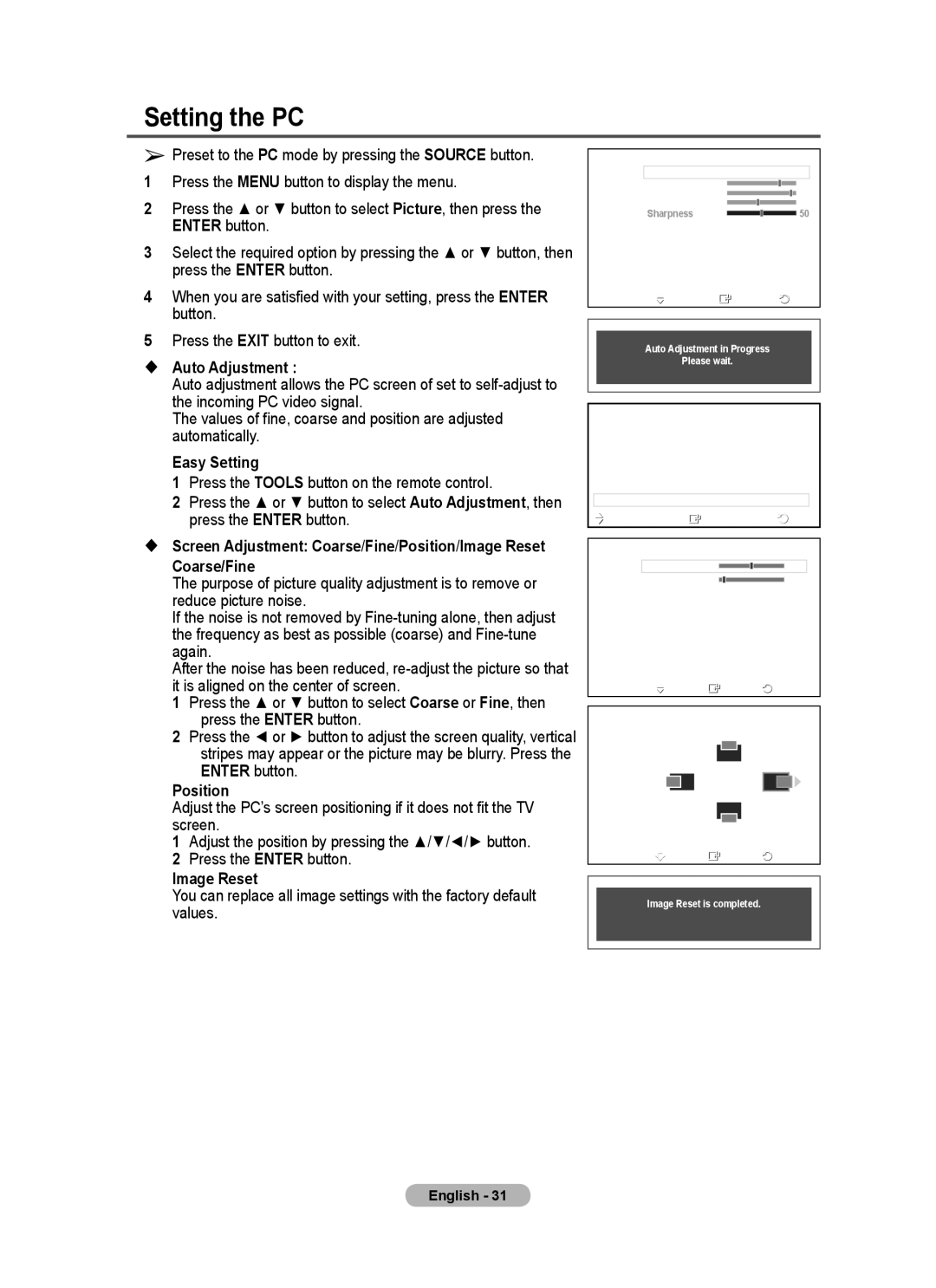 Samsung BN68-01422A-01 user manual Setting the PC,  Auto Adjustment, Coarse/Fine, Position, Image Reset 