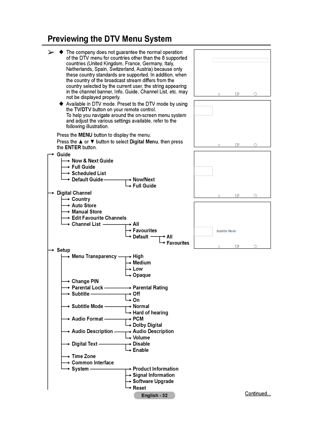 Samsung BN68-01422A-01 user manual Previewing the DTV Menu System 