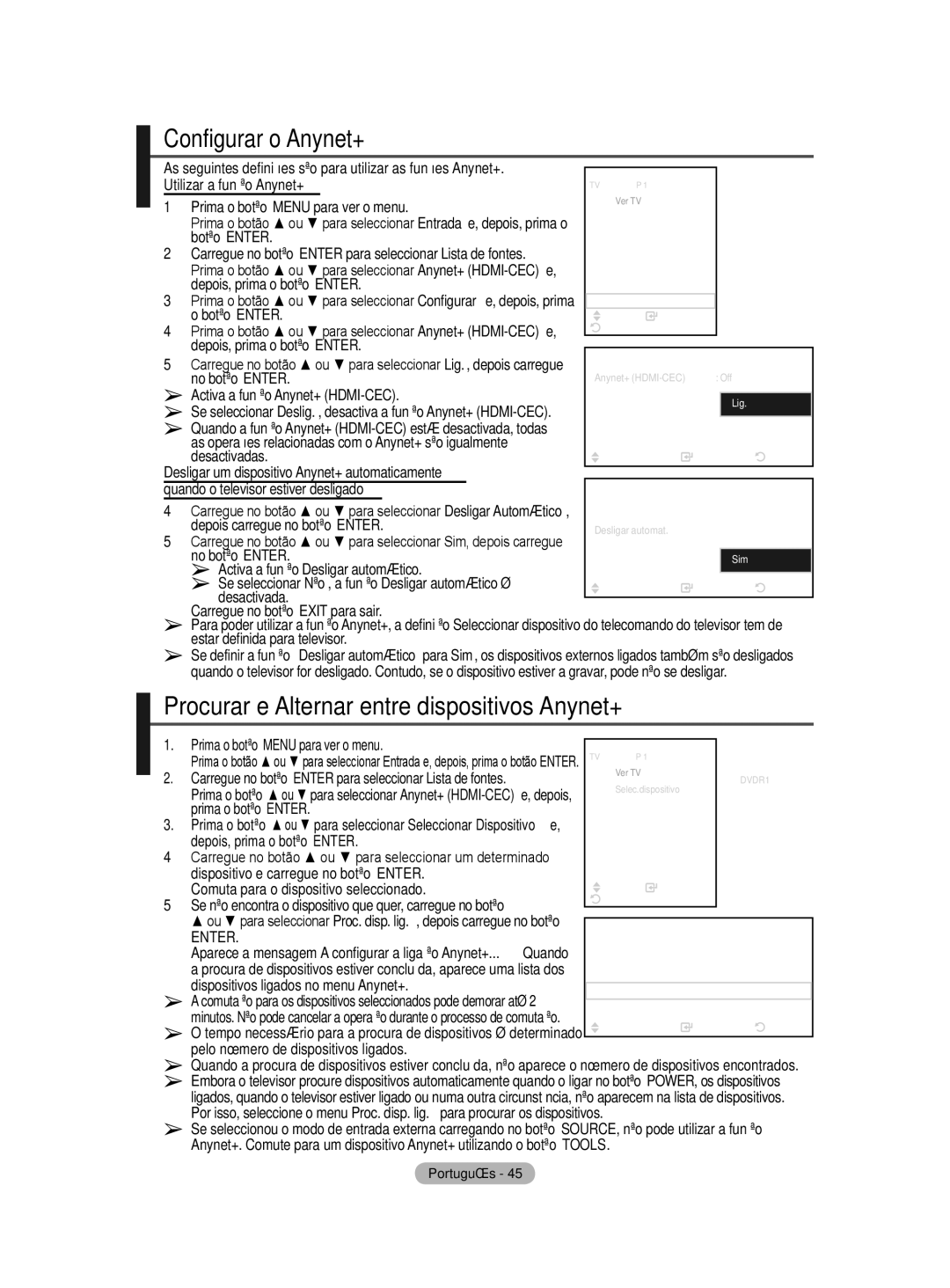 Samsung BN68-01422A-01 user manual Configurar o Anynet+, Procurar e Alternar entre dispositivos Anynet+ 