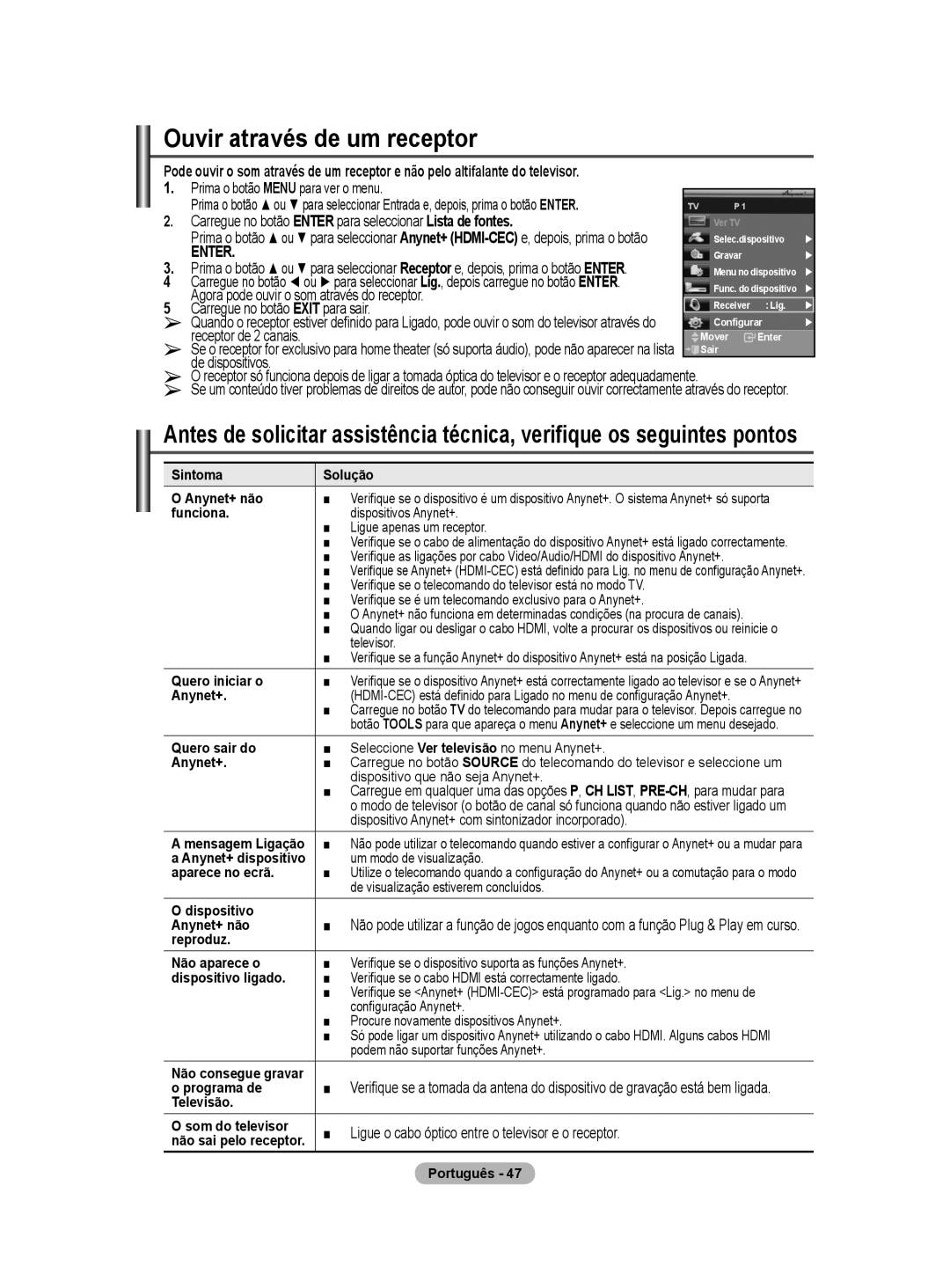 Samsung BN68-01422A-01 user manual Ouvir através de um receptor, Carregue no botão Enter para seleccionar Lista de fontes 