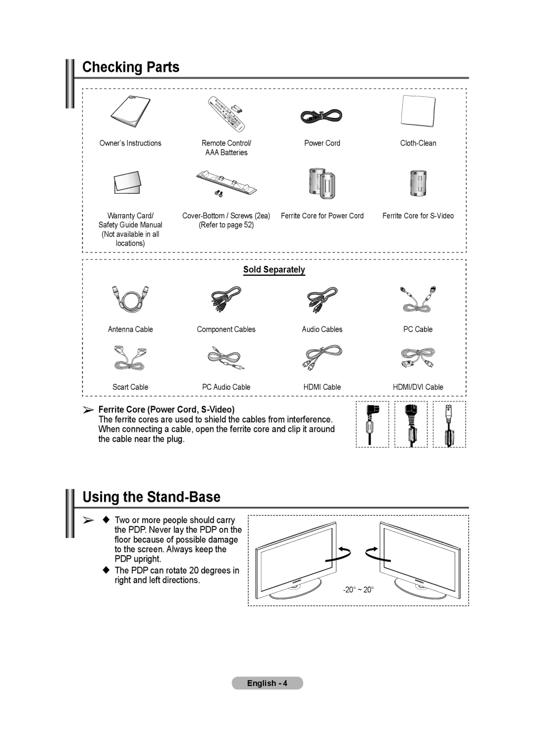 Samsung BN68-01422A-01 Checking Parts, Using the Stand-Base, Sold Separately, Ferrite Core Power Cord, S-Video, English 