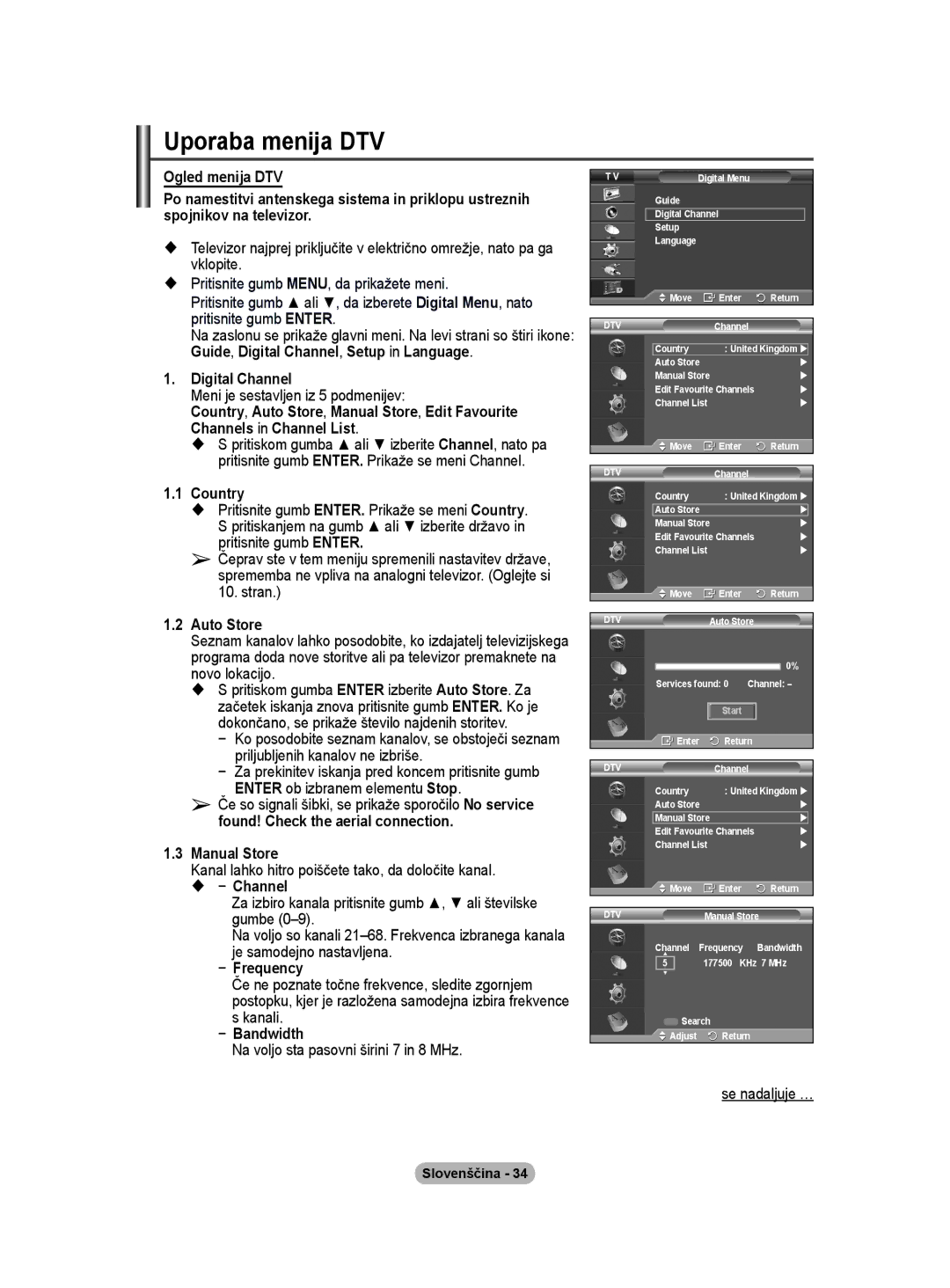 Samsung BN68-01422A-01 Uporaba menija DTV, Guide, Digital Channel, Setup in Language, Meni je sestavljen iz 5 podmenijev 