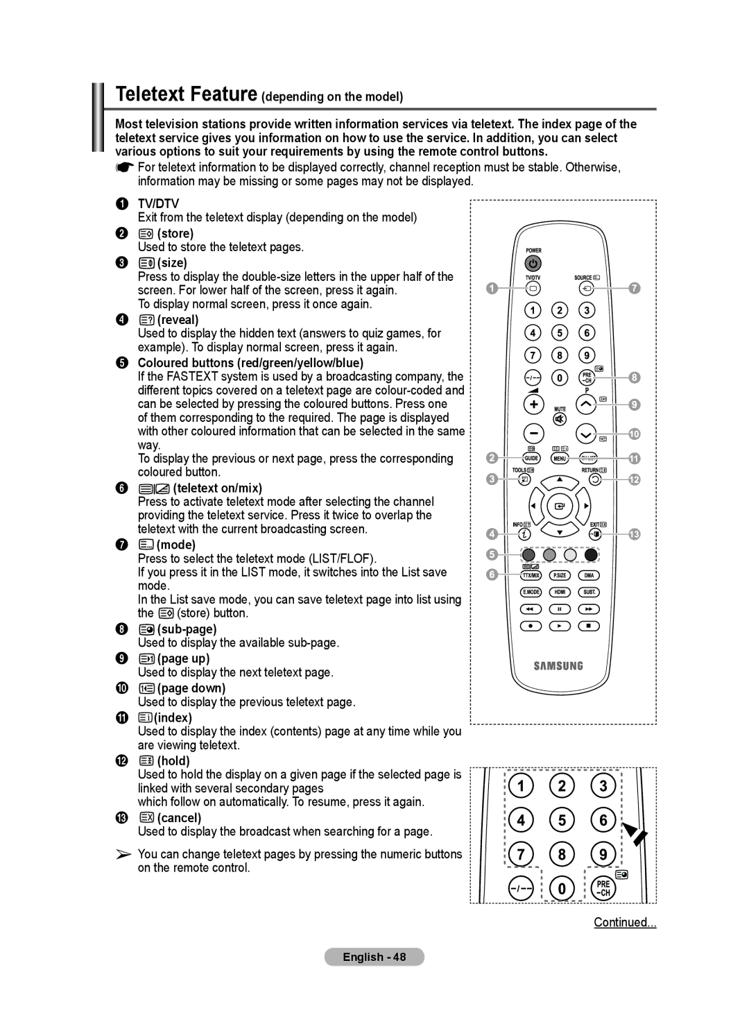 Samsung BN68-01422A-01 Teletext Feature depending on the model, Store, Size, Reveal, Teletext on/mix, Mode, Sub-page, Down 