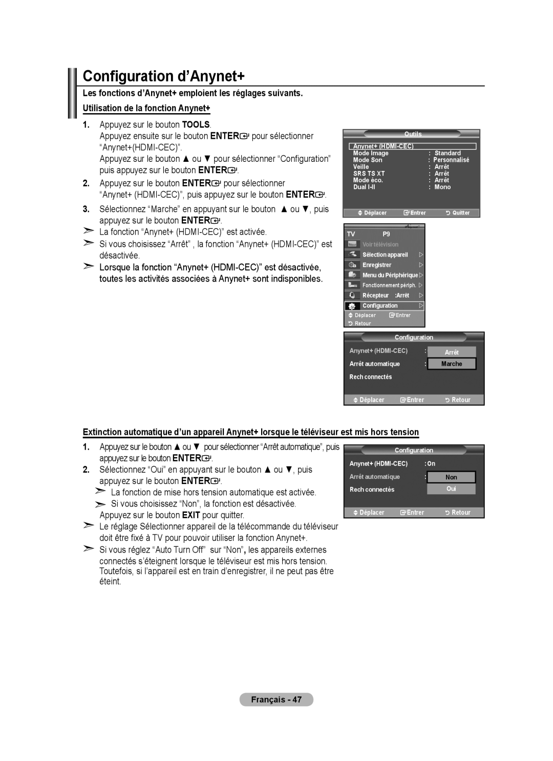 Samsung BN68-01424A-00 user manual Configuration d’Anynet+, Appuyez sur le bouton Tools, Déplacer 