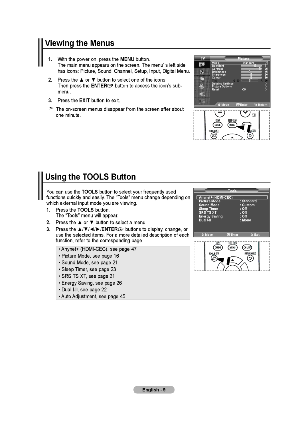 Samsung BN68-01424A-00 user manual Viewing the Menus, Using the Tools Button, With the power on, press the Menu button 