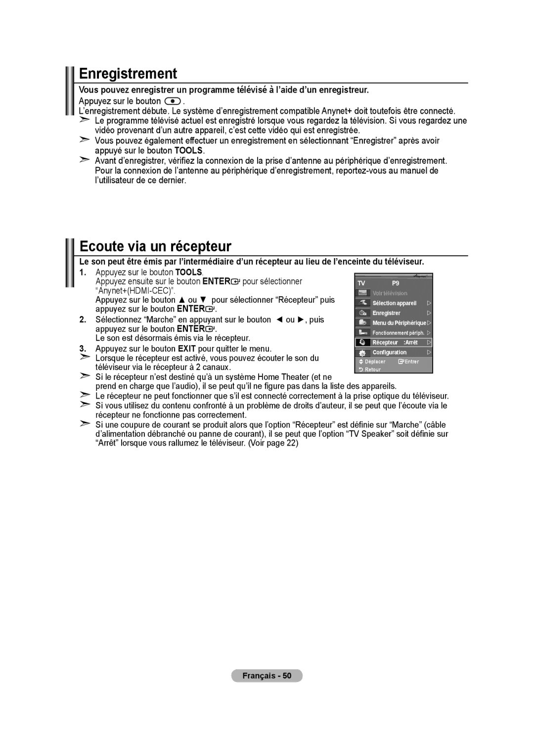 Samsung BN68-01424A-00 user manual Enregistrement, Ecoute via un récepteur 