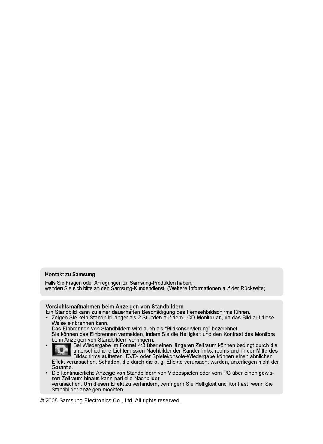 Samsung BN68-01424A-00 user manual Kontakt zu Samsung, Vorsichtsmaßnahmen beim Anzeigen von Standbildern 