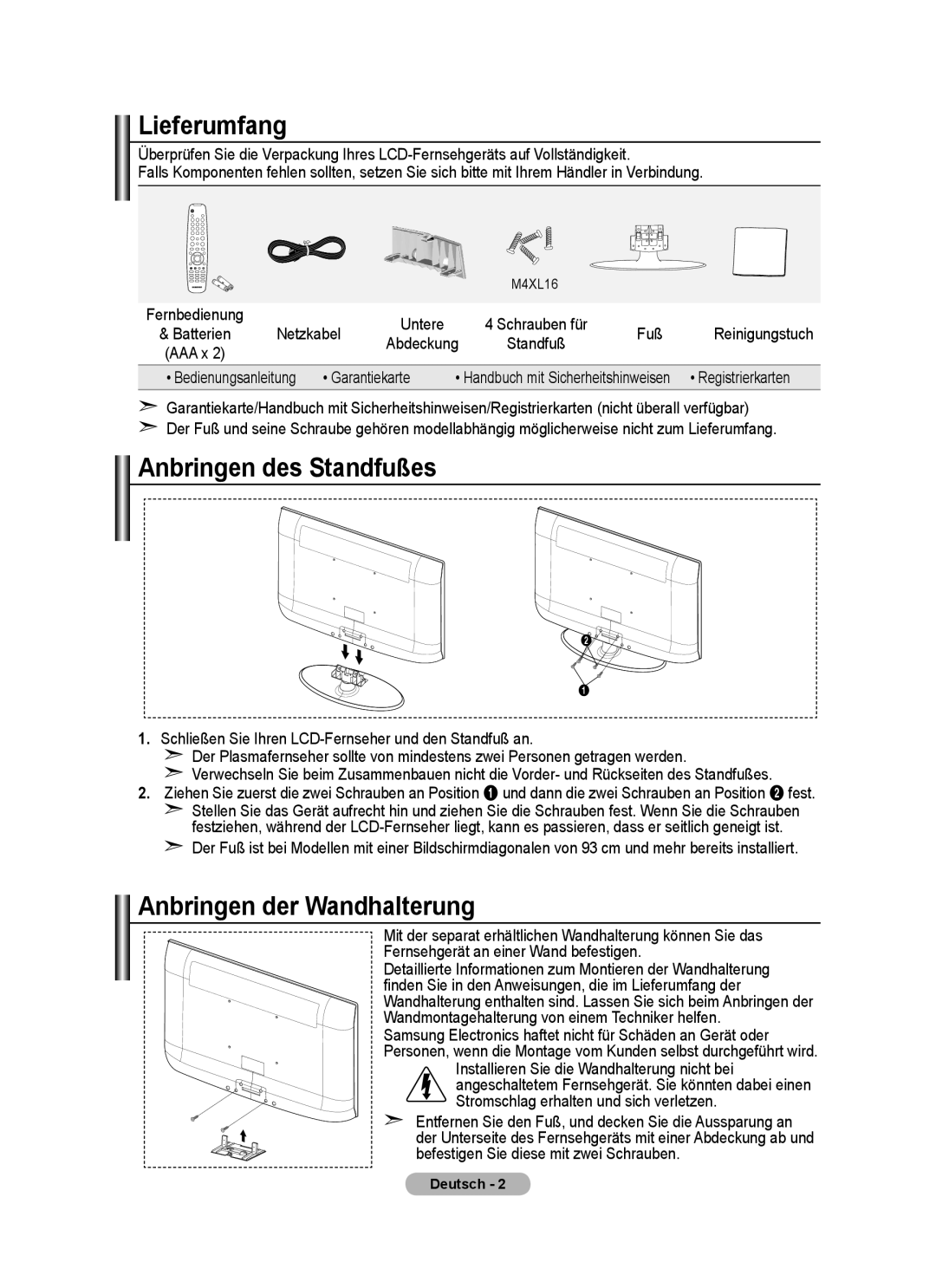 Samsung BN68-01424A-00 Lieferumfang, Anbringen des Standfußes, Anbringen der Wandhalterung, Netzkabel Fuß, Garantiekarte 