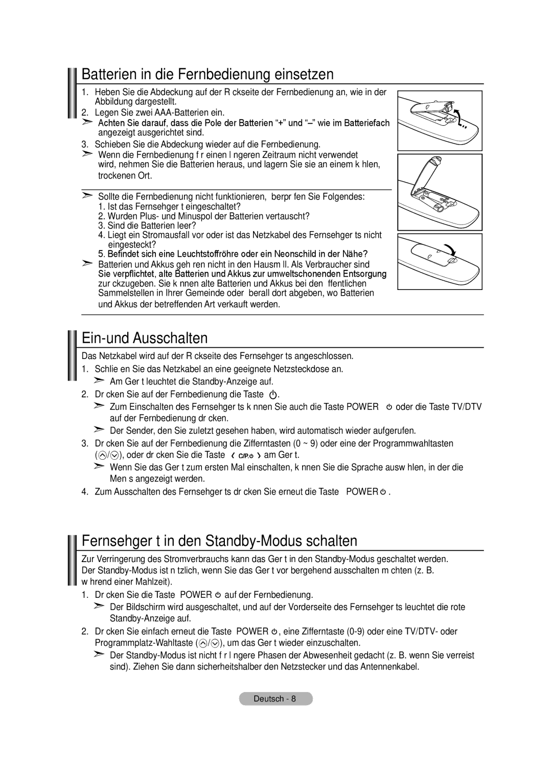 Samsung BN68-01424A-00 user manual Batterien in die Fernbedienung einsetzen, Ein-und Ausschalten 