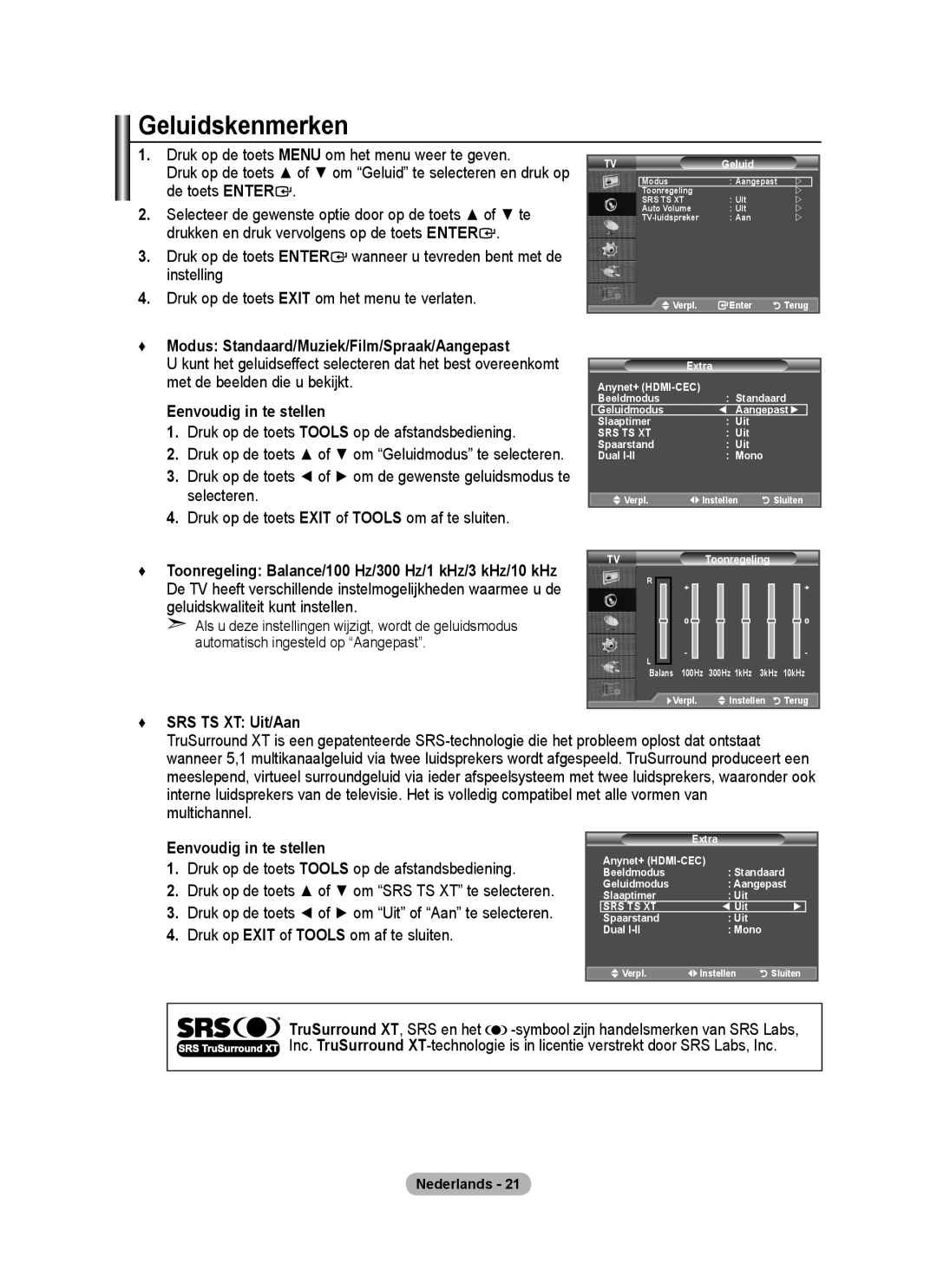 Samsung BN68-01424A-00 user manual Geluidskenmerken, Modus Standaard/Muziek/Film/Spraak/Aangepast, SRS TS XT Uit/Aan 