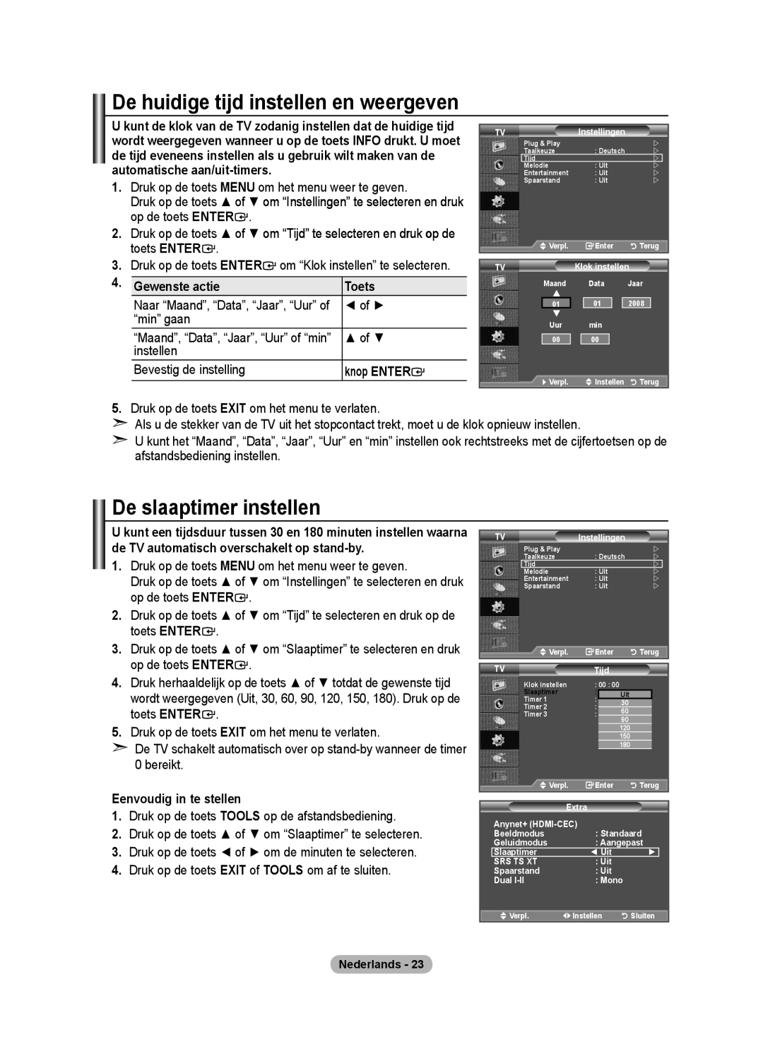 Samsung BN68-01424A-00 De huidige tijd instellen en weergeven, De slaaptimer instellen, Gewenste actie Toets, Knop Enter 