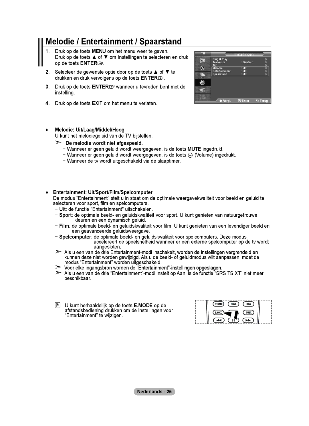 Samsung BN68-01424A-00 user manual Melodie / Entertainment / Spaarstand, Melodie Uit/Laag/Middel/Hoog 