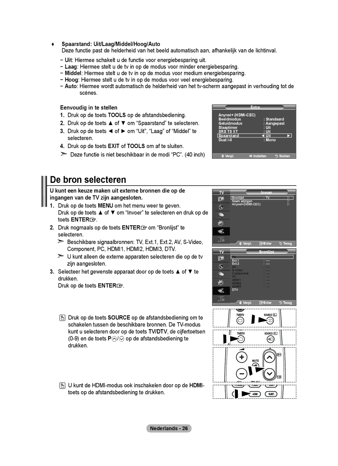 Samsung BN68-01424A-00 user manual De bron selecteren, Spaarstand Uit/Laag/Middel/Hoog/Auto, TVInvoer 