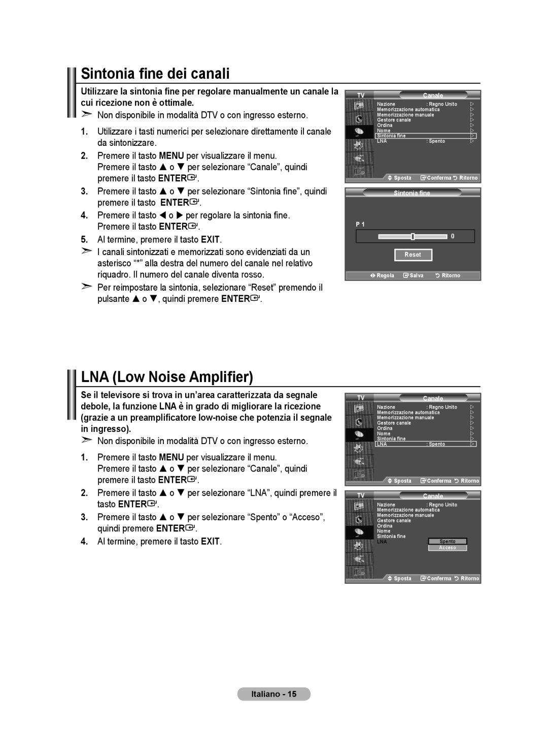 Samsung BN68-01424A-00 user manual Sintonia fine dei canali, Sintonia fine Reset 