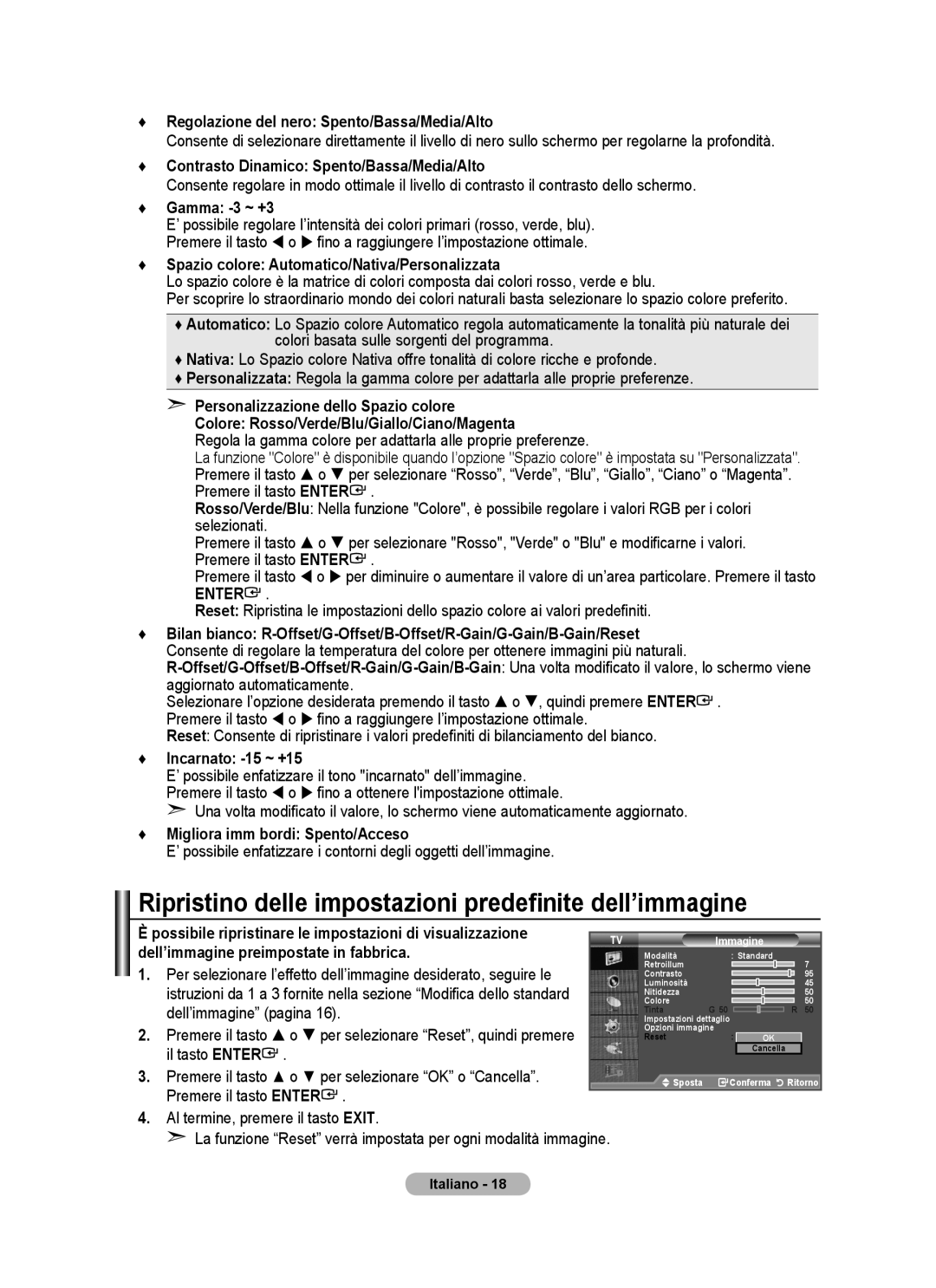 Samsung BN68-01424A-00 user manual Ripristino delle impostazioni predefinite dell’immagine 