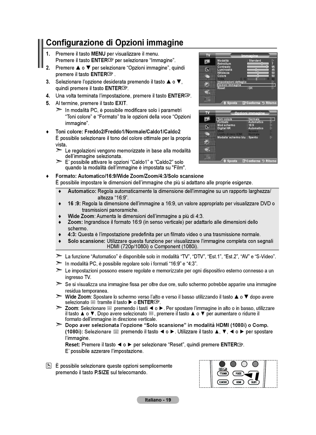 Samsung BN68-01424A-00 Configurazione di Opzioni immagine, Formato Automatico/169/Wide Zoom/Zoom/43/Solo scansione 