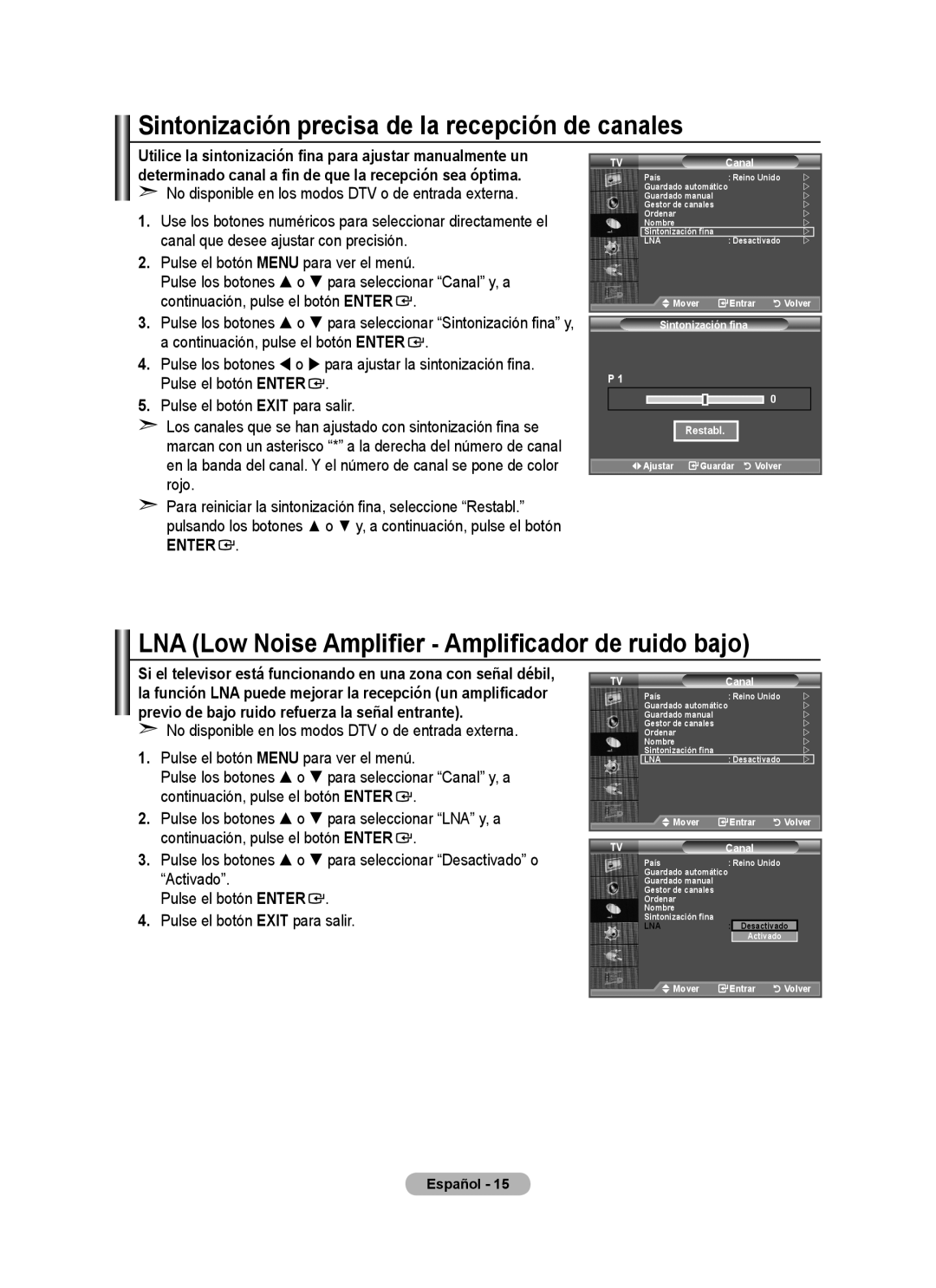 Samsung BN68-01424A-00 user manual Sintonización precisa de la recepción de canales, Sintonización fina Restabl 