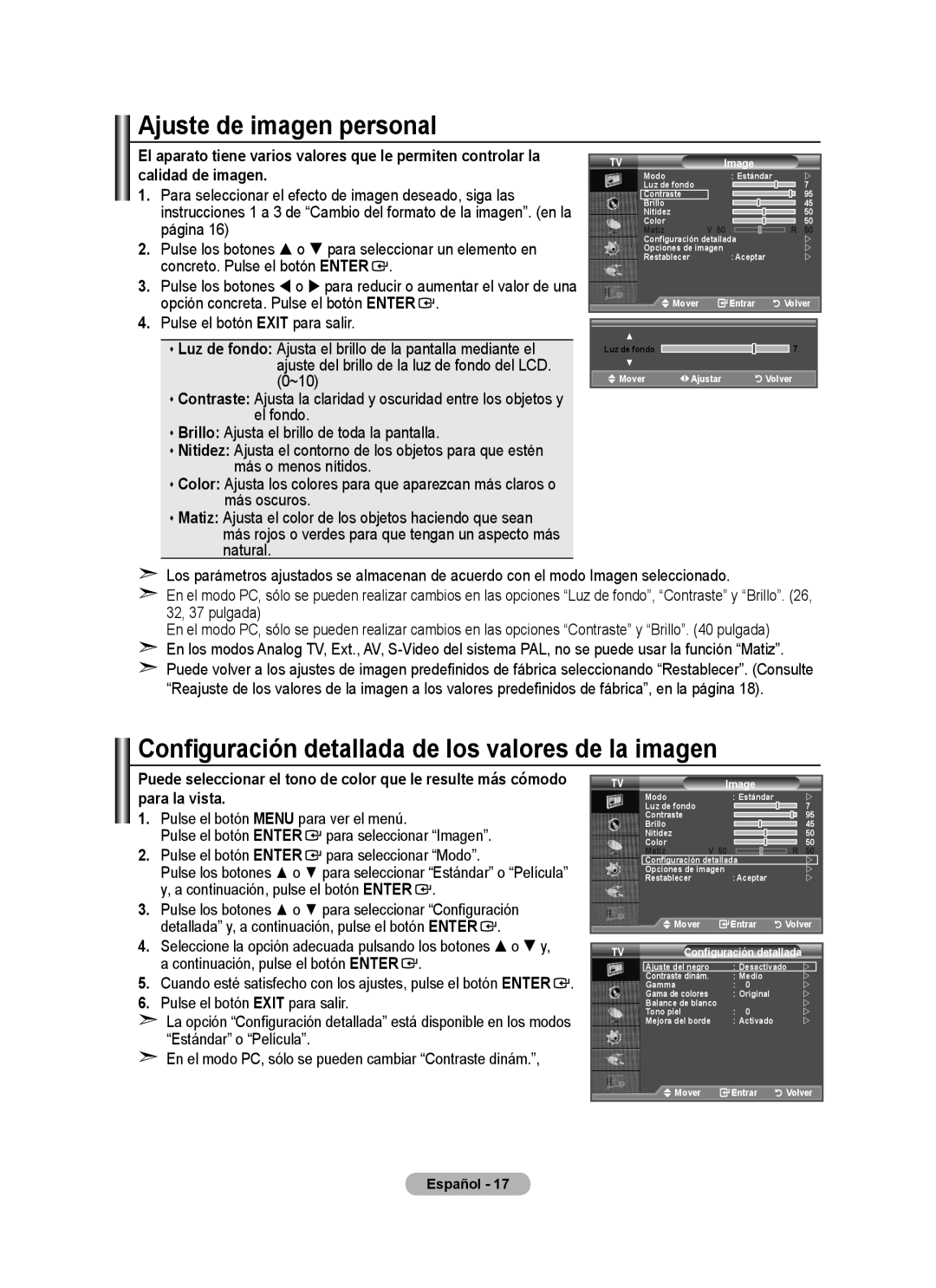 Samsung BN68-01424A-00 user manual Ajuste de imagen personal, Configuración detallada de los valores de la imagen 