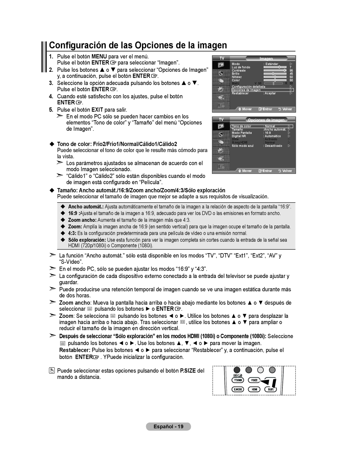 Samsung BN68-01424A-00 Configuración de las Opciones de la imagen,  Tono de color Frío2/Frío1/Normal/Cálido1/Cálido2 