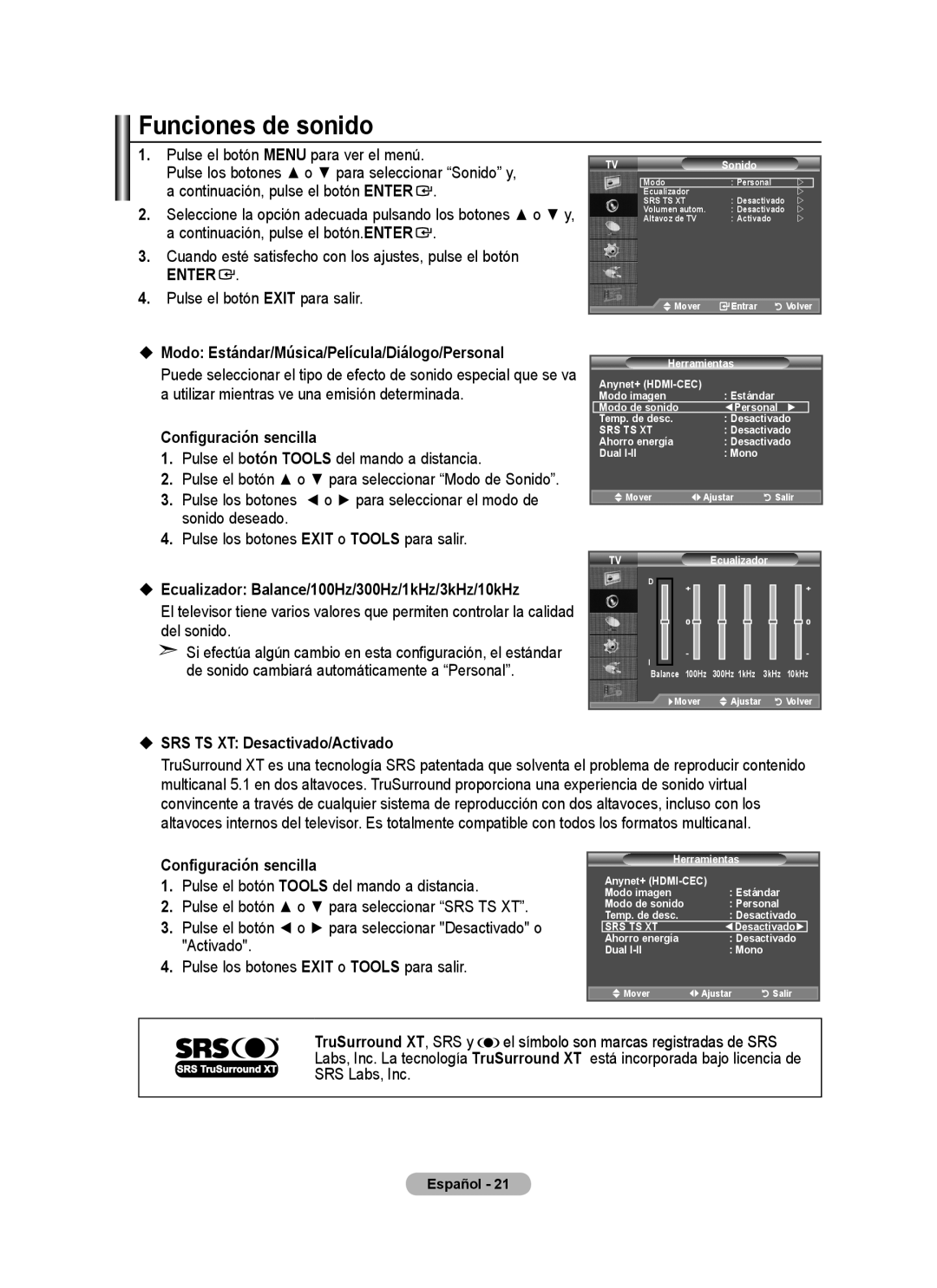 Samsung BN68-01424A-00 user manual Funciones de sonido,  Modo Estándar/Música/Película/Diálogo/Personal, Del sonido 