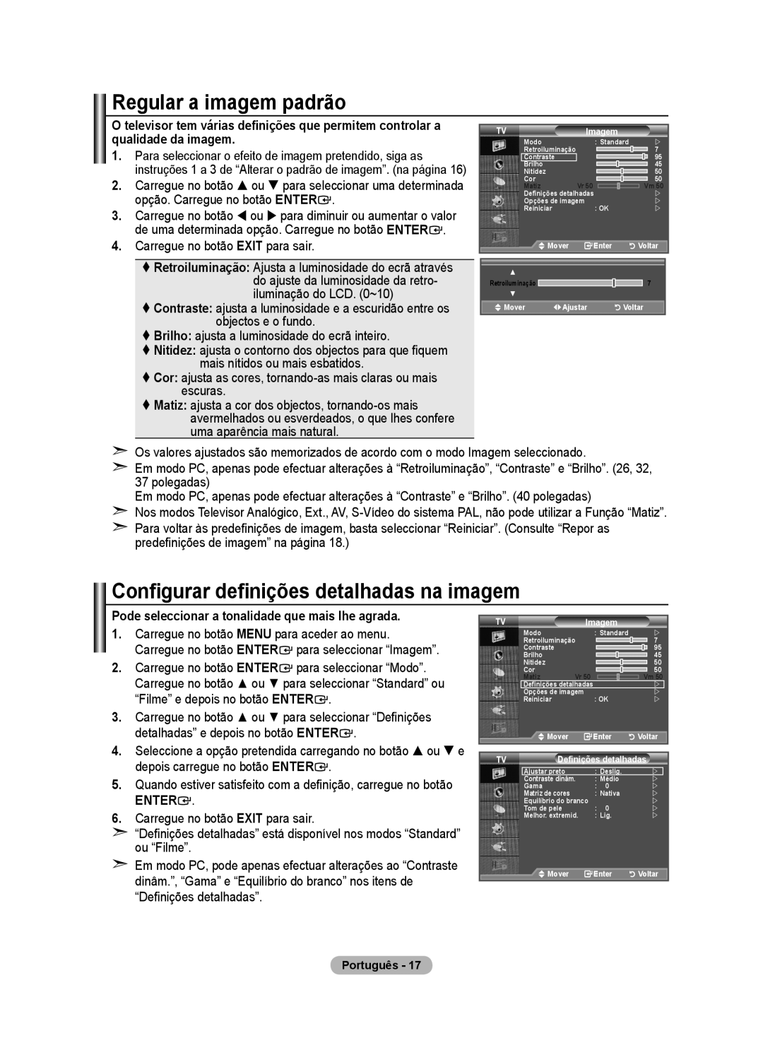 Samsung BN68-01424A-00 Regular a imagem padrão, Configurar definições detalhadas na imagem, Definições detalhadas 