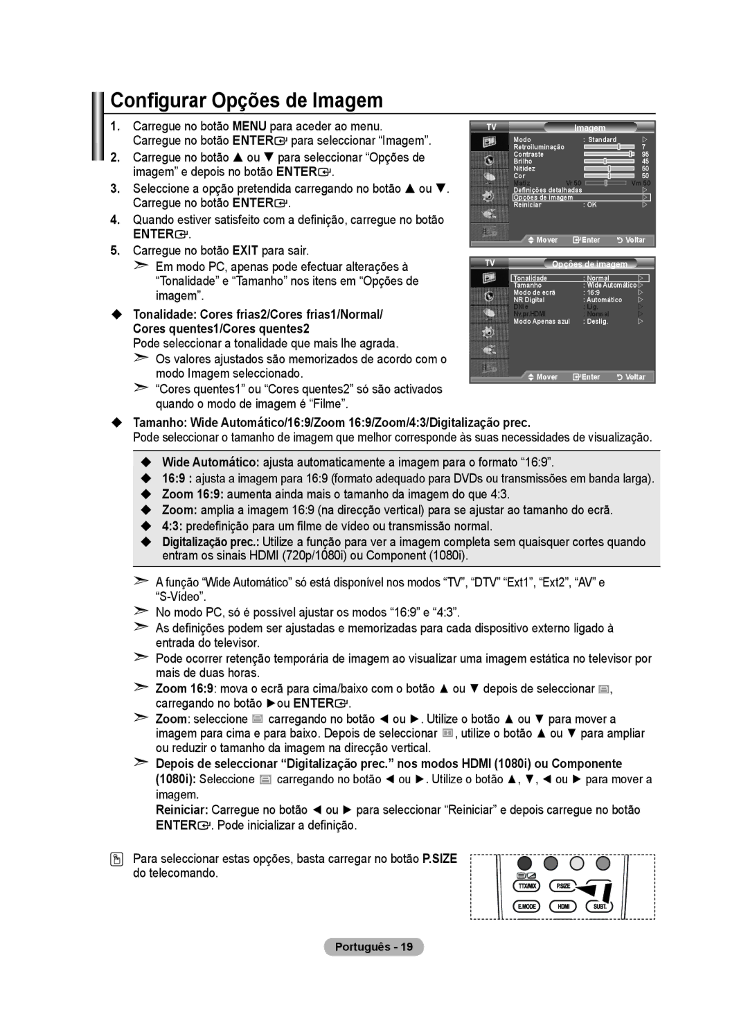 Samsung BN68-01424A-00 user manual Configurar Opções de Imagem, Opções de imagem 