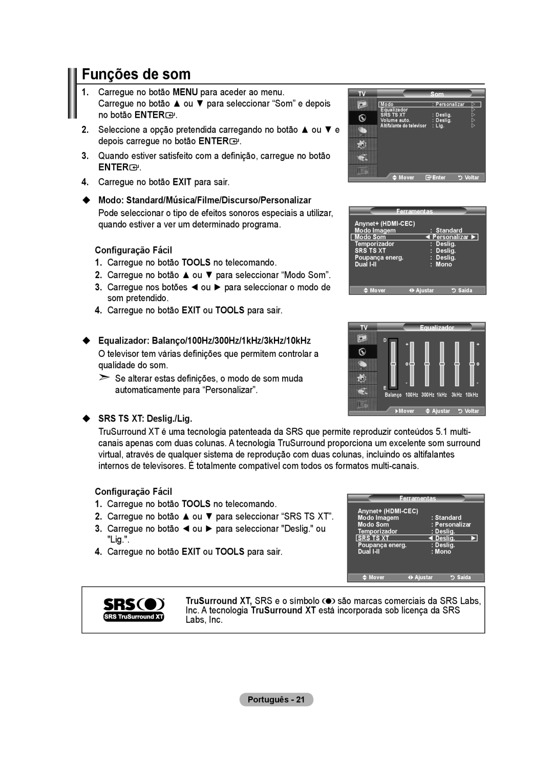 Samsung BN68-01424A-00 Funções de som,  Equalizador Balanço/100Hz/300Hz/1kHz/3kHz/10kHz,  SRS TS XT Deslig./Lig 