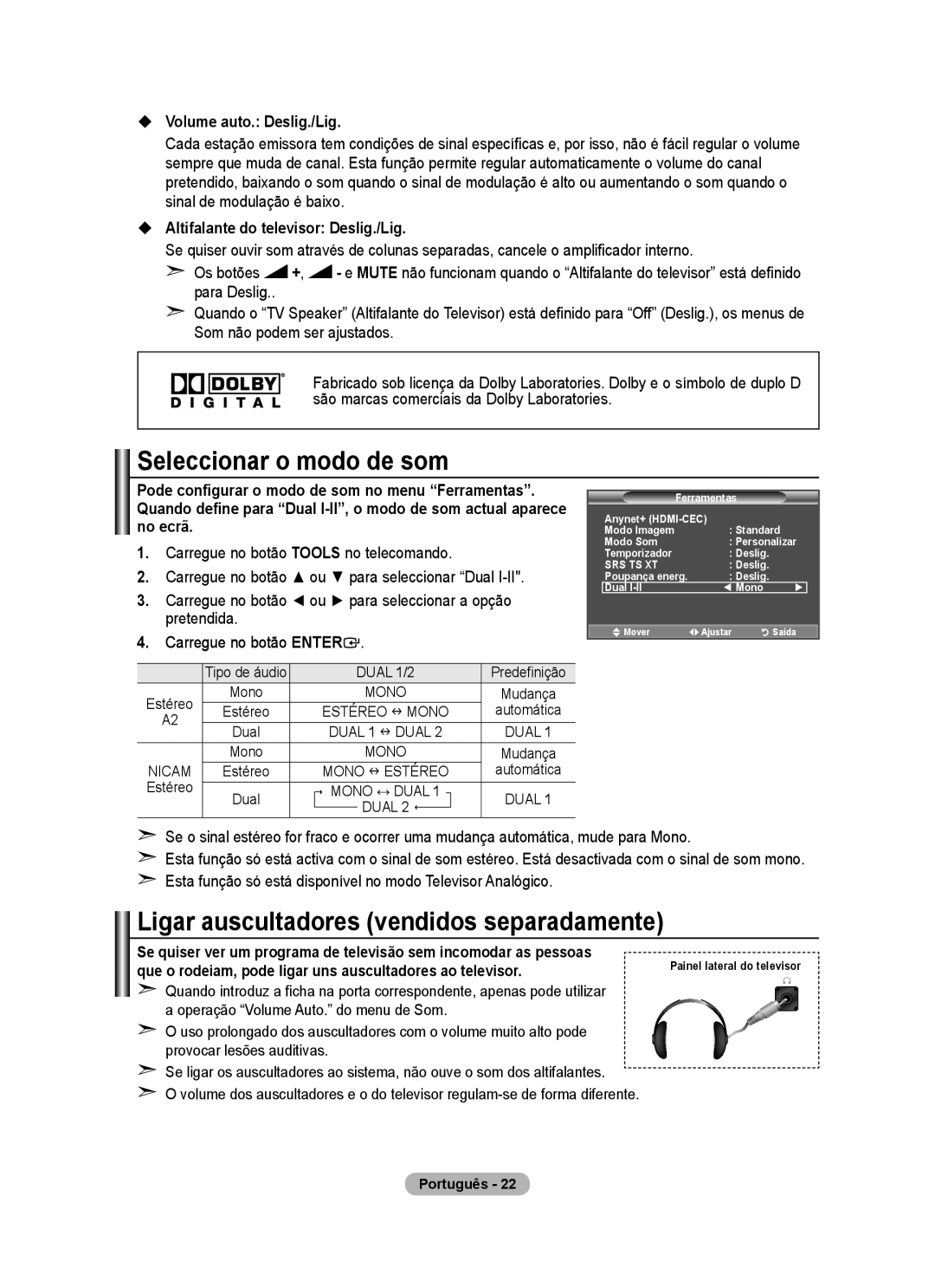 Samsung BN68-01424A-00 Seleccionar o modo de som, Ligar auscultadores vendidos separadamente,  Volume auto. Deslig./Lig 