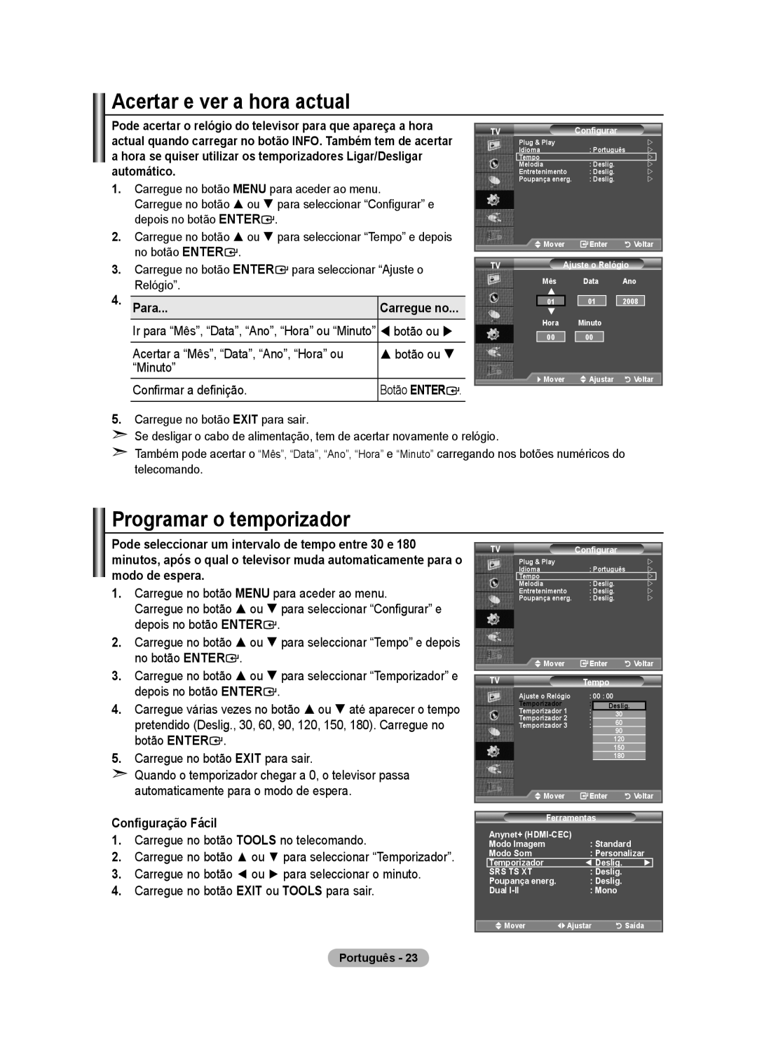 Samsung BN68-01424A-00 Programar o temporizador, Para Carregue no, Acertar a Mês, Data, Ano, Hora ou  botão ou  Minuto 