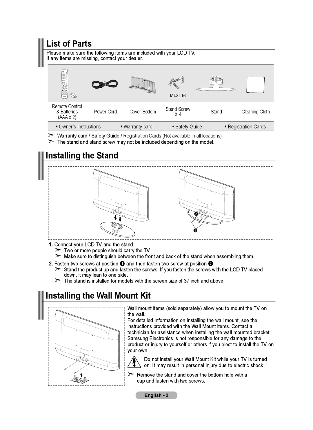 Samsung BN68-01424A-00 user manual List of Parts, Installing the Stand, Installing the Wall Mount Kit, Cover-Bottom 