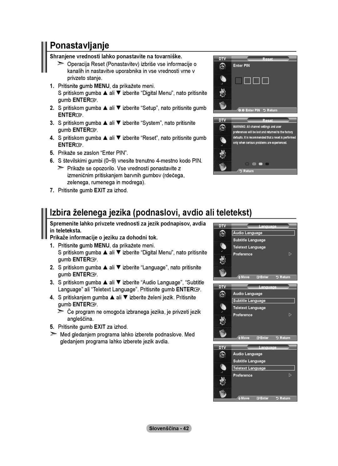 Samsung BN68-01424A-00 Ponastavljanje, Izbira želenega jezika podnaslovi, avdio ali teletekst, Prikaže se zaslon Enter PIN 