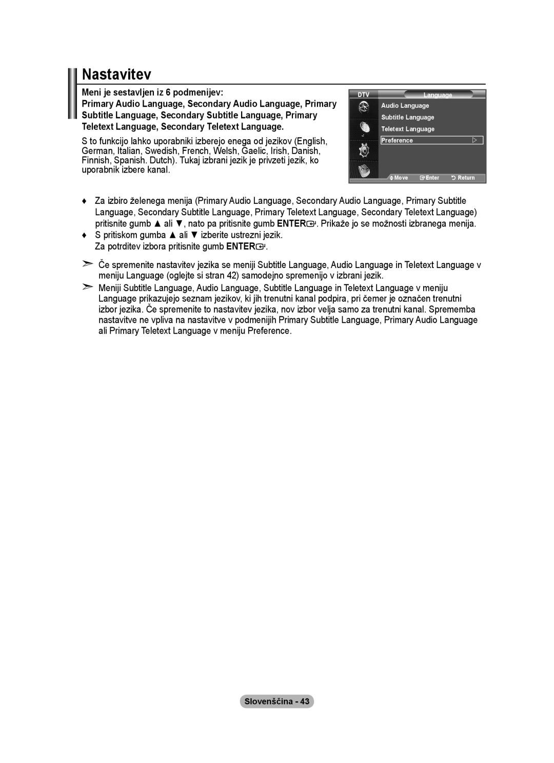 Samsung BN68-01424A-00 user manual Nastavitev, Meni je sestavljen iz 6 podmenijev 