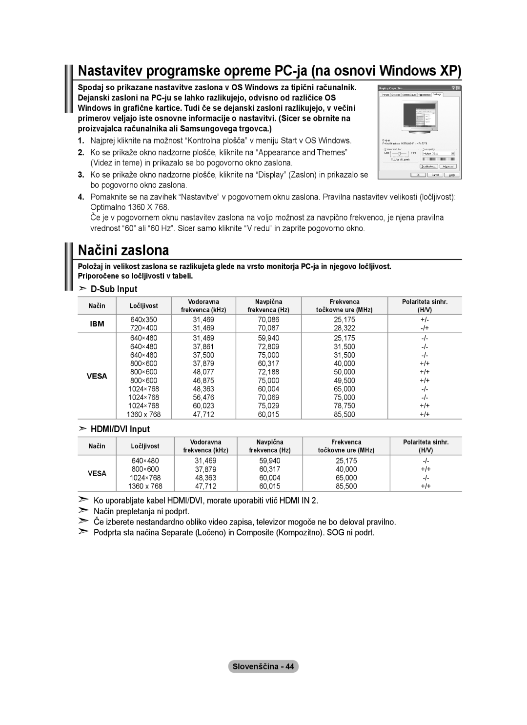 Samsung BN68-01424A-00 Nastavitev programske opreme PC-ja na osnovi Windows XP, Načini zaslona, Optimalno 1360 X 