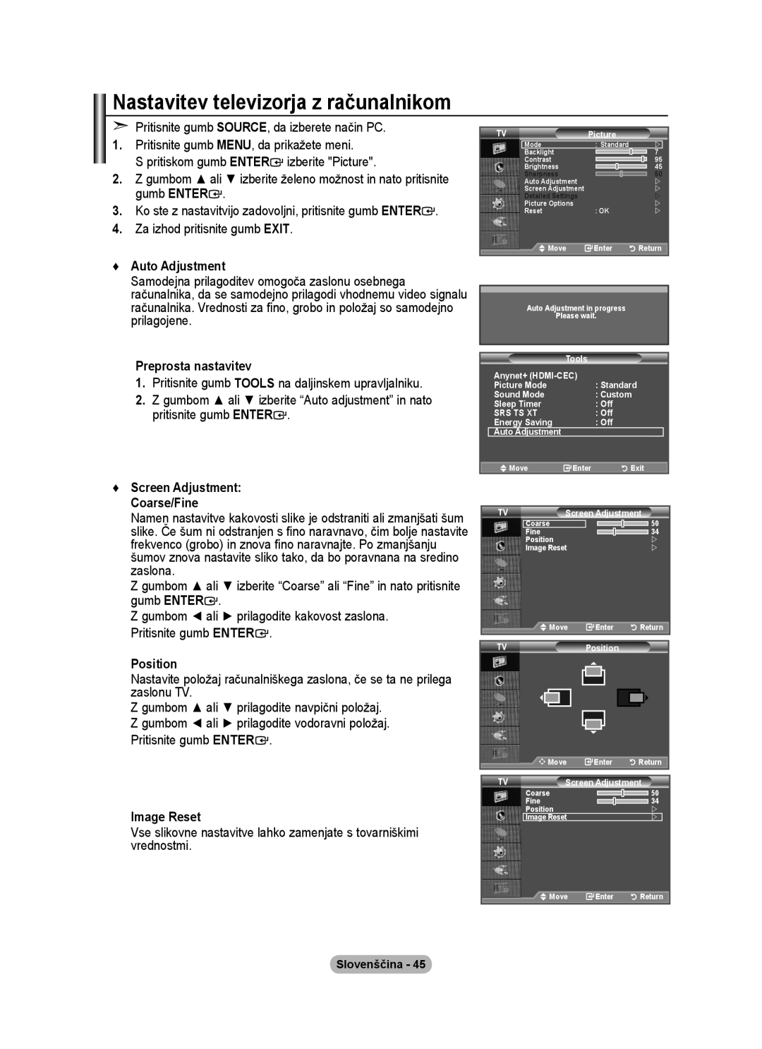 Samsung BN68-01424A-00 user manual Nastavitev televizorja z računalnikom, Auto Adjustment 