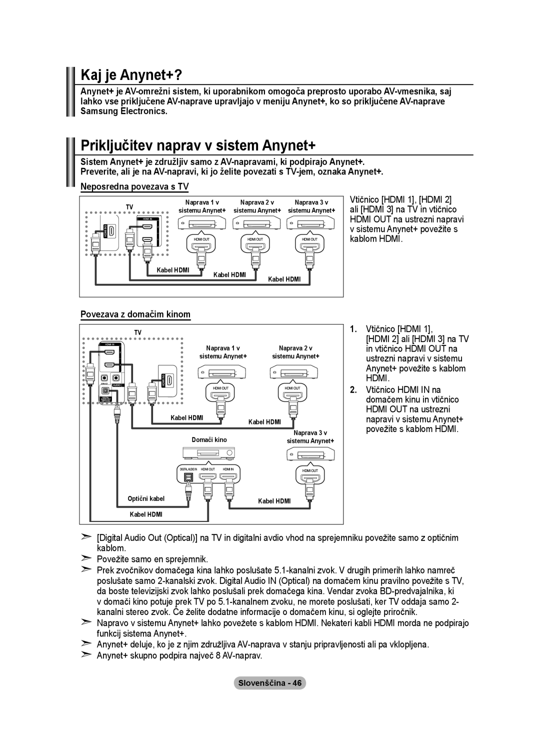 Samsung BN68-01424A-00 user manual Kaj je Anynet+?, Priključitev naprav v sistem Anynet+, Neposredna povezava s TV 