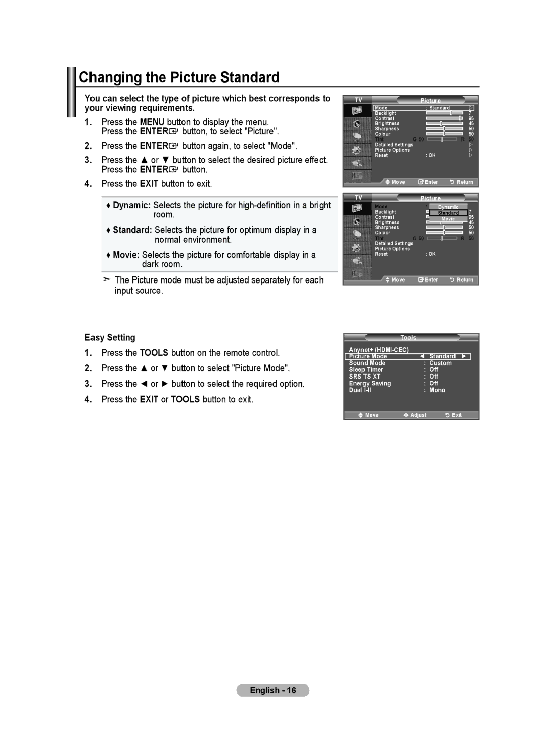 Samsung BN68-01464D-00 user manual Changing the Picture Standard, Easy Setting 