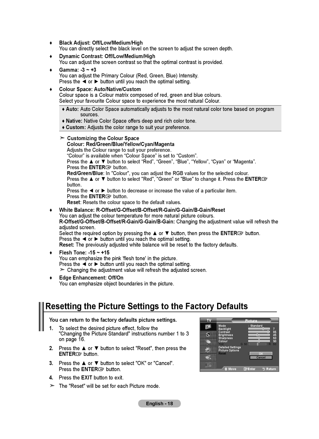 Samsung BN68-01464D-00 user manual Resetting the Picture Settings to the Factory Defaults 