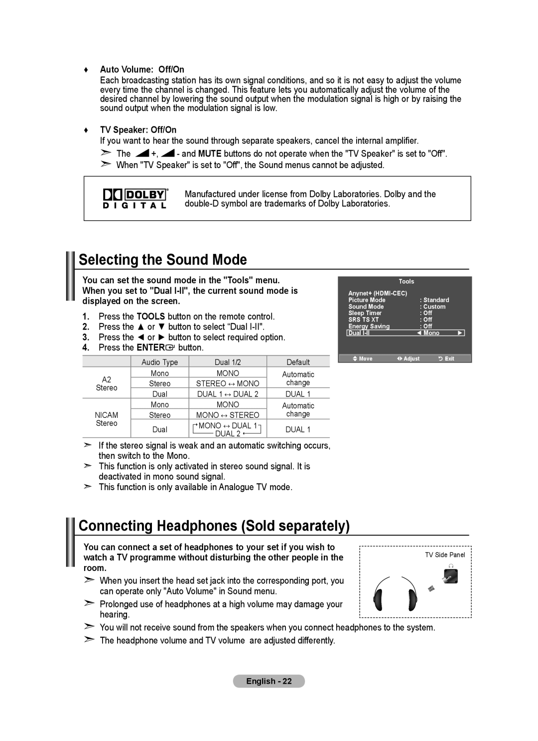 Samsung BN68-01464D-00 user manual Selecting the Sound Mode, Connecting Headphones Sold separately, Auto Volume Off/On 