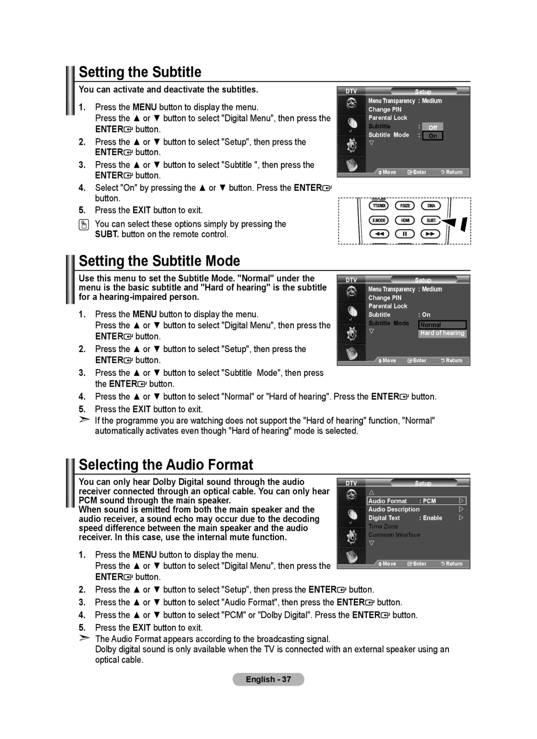 Samsung BN68-01464D-00 user manual Setting the Subtitle Mode, Selecting the Audio Format 