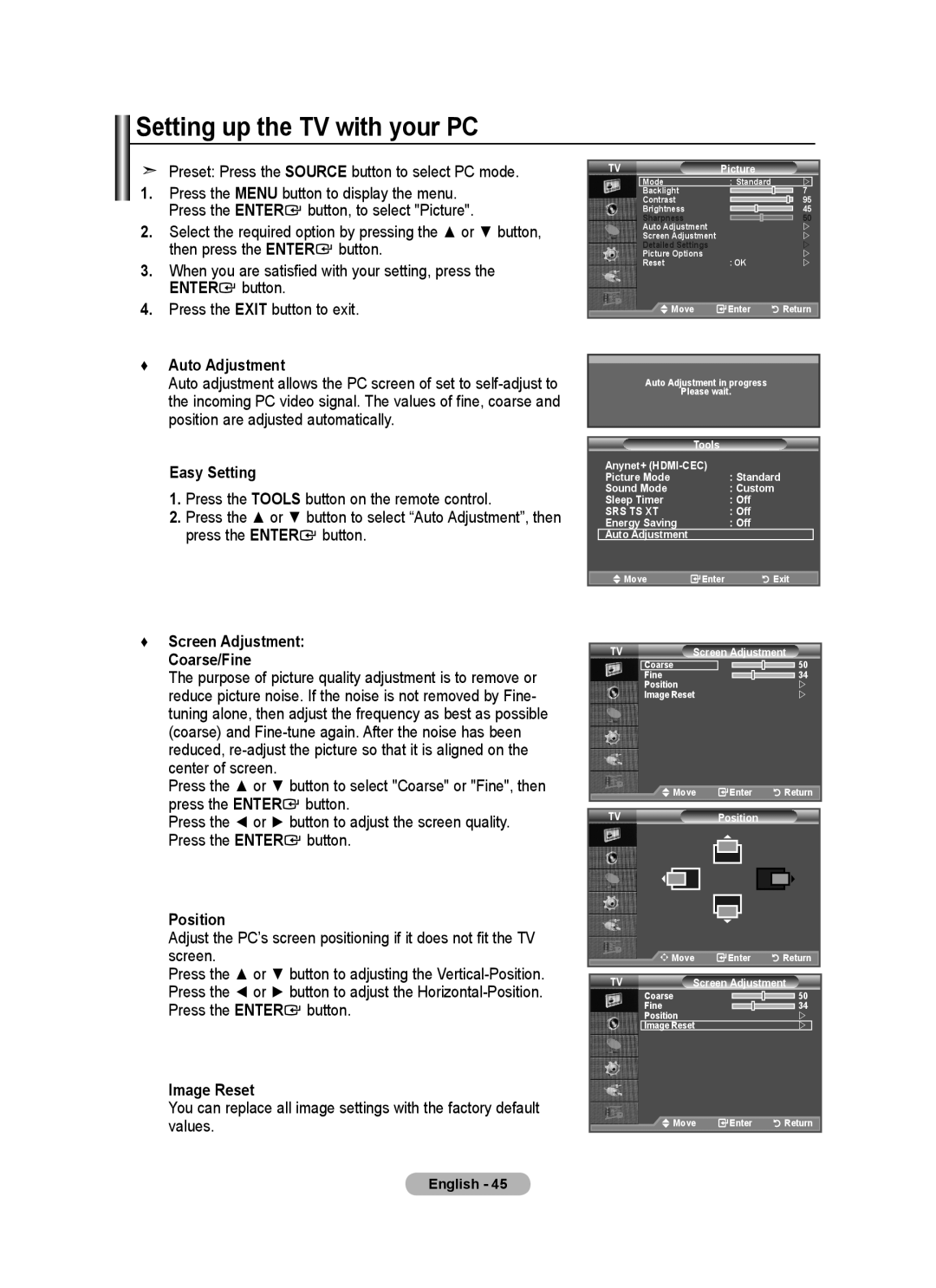 Samsung BN68-01464D-00 Setting up the TV with your PC, Preset Press the Source button to select PC mode, Auto Adjustment 