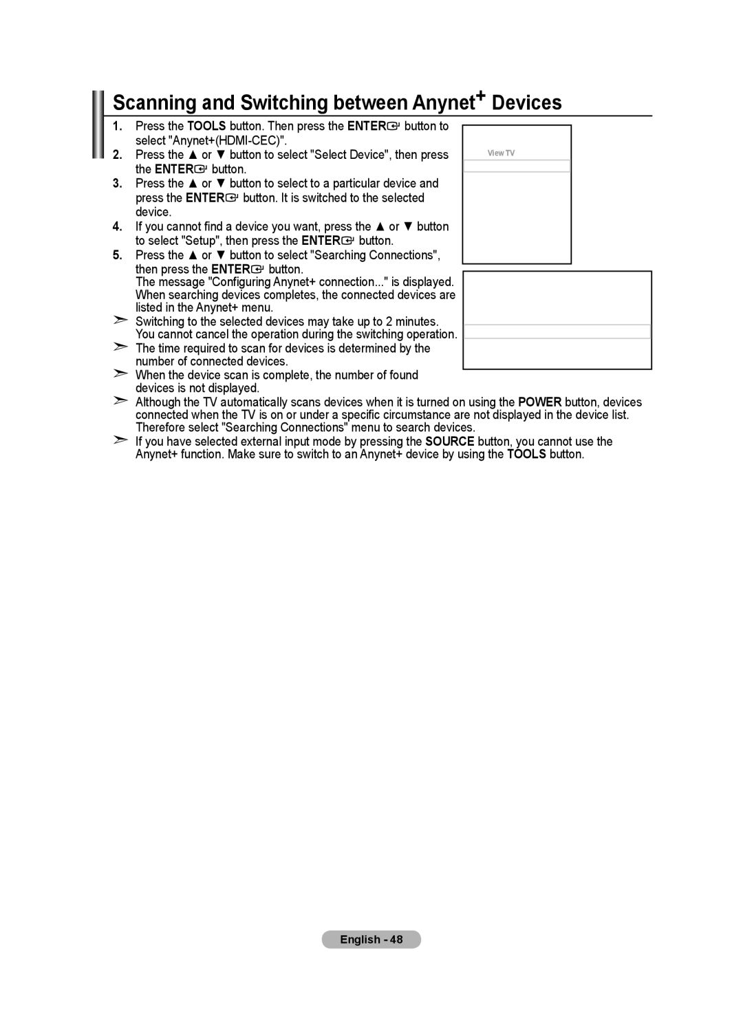 Samsung BN68-01464D-00 user manual Scanning and Switching between Anynet+ Devices 