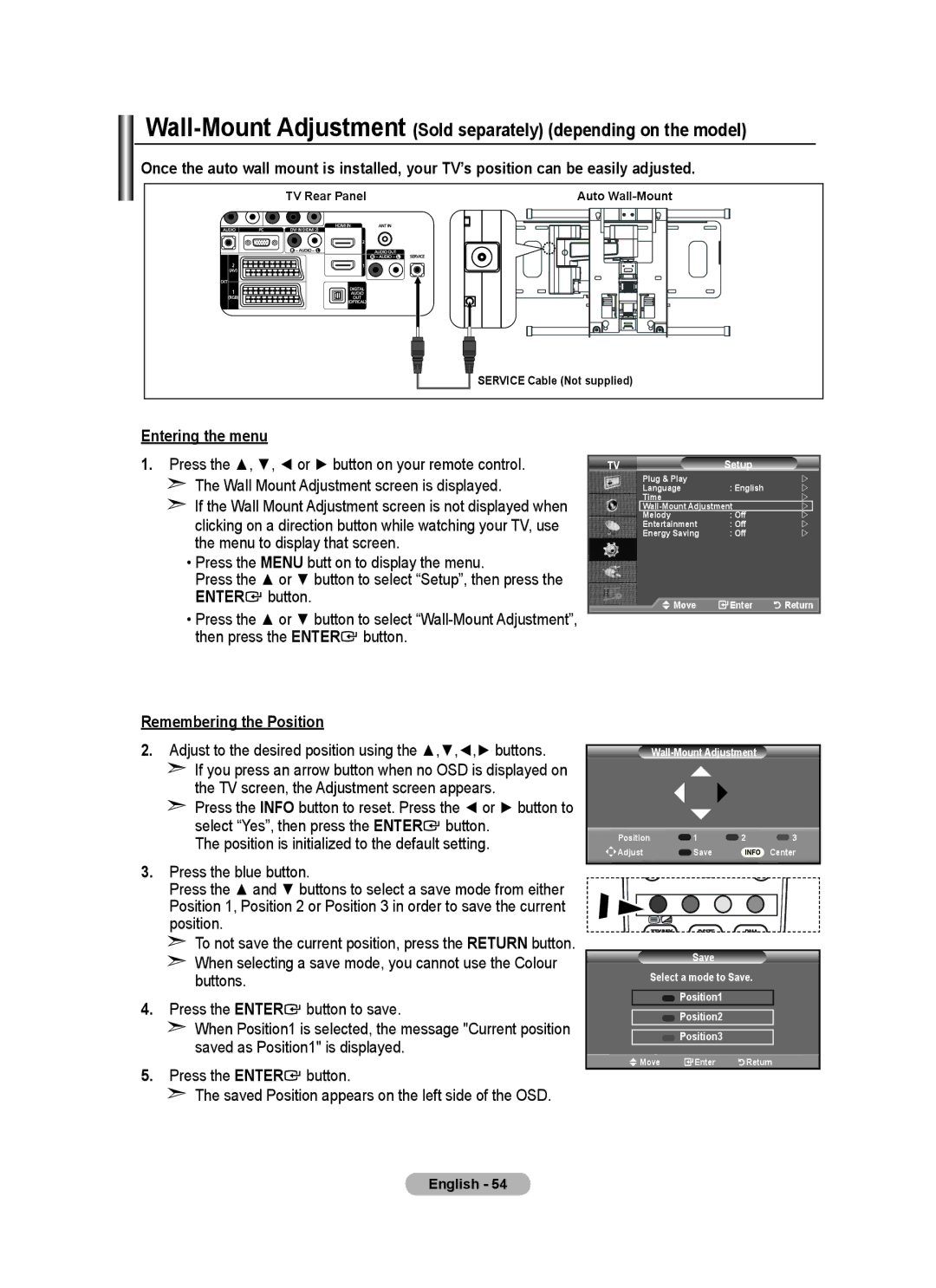 Samsung BN68-01464D-00 user manual Entering the menu, Press the Menu butt on to display the menu, Remembering the Position 