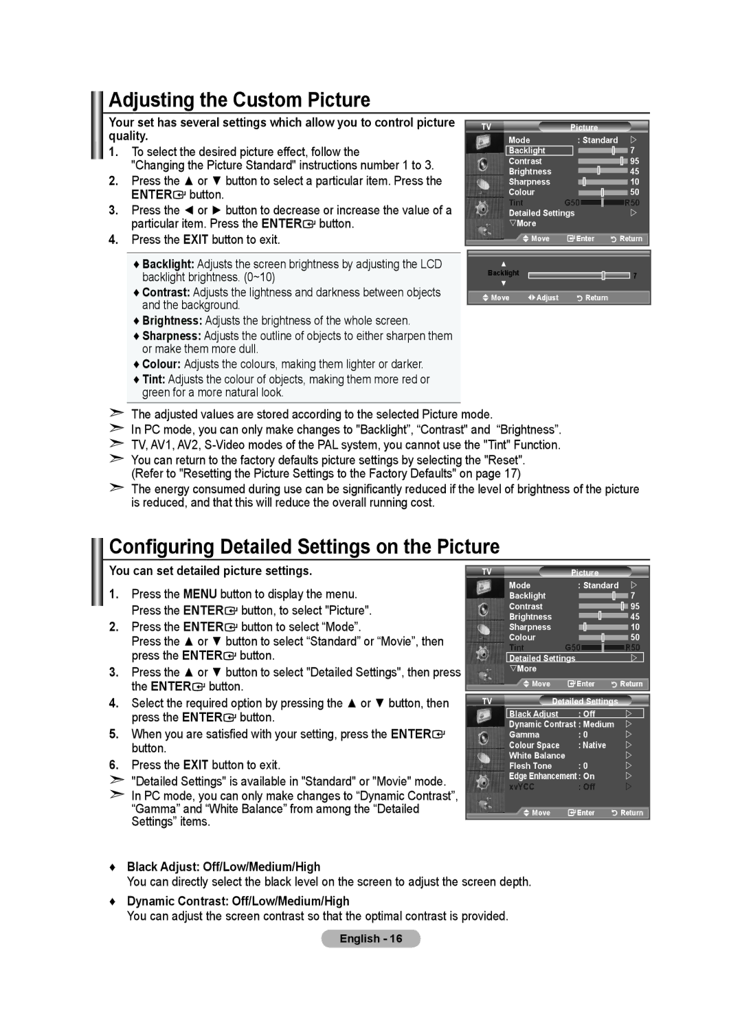 Samsung BN68-01508J-00 user manual Configuring Detailed Settings on the Picture 