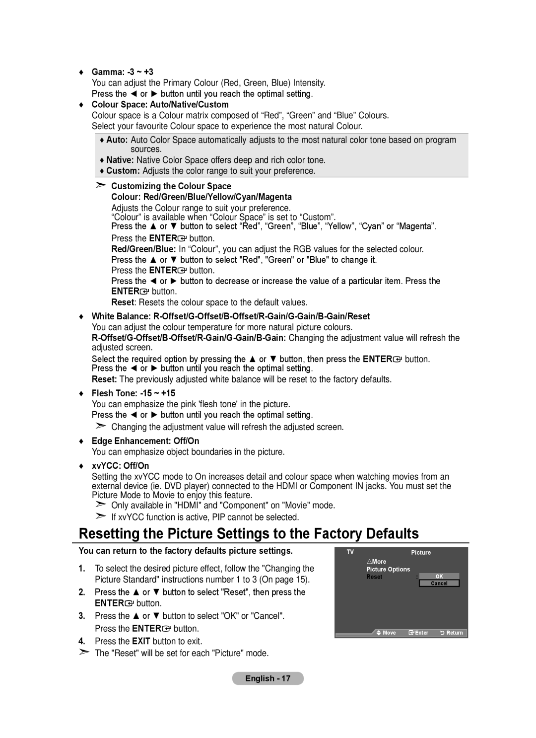 Samsung BN68-01508J-00 user manual Resetting the Picture Settings to the Factory Defaults 