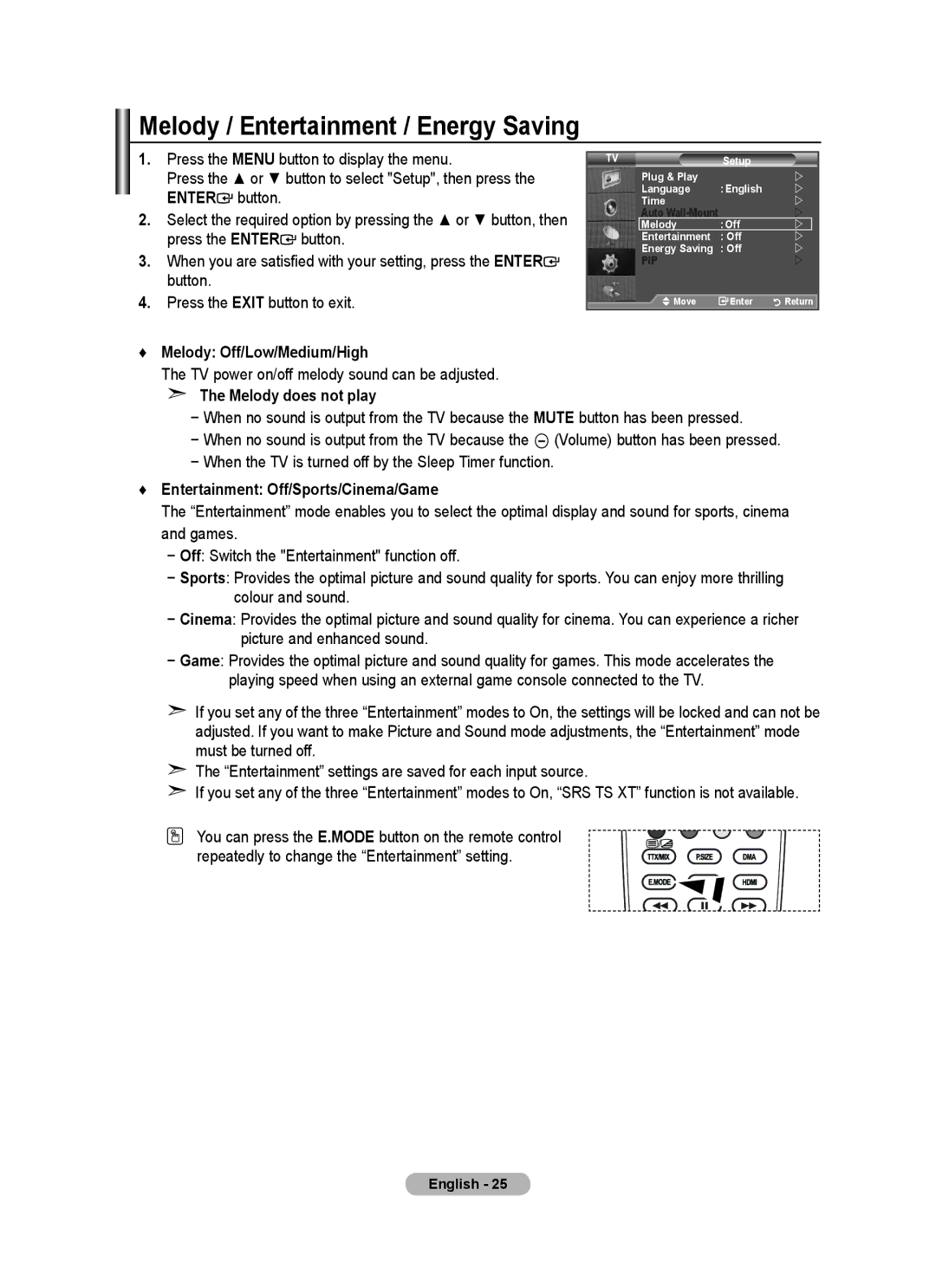 Samsung BN68-01508J-00 user manual Melody / Entertainment / Energy Saving, Melody Off/Low/Medium/High, Melody does not play 