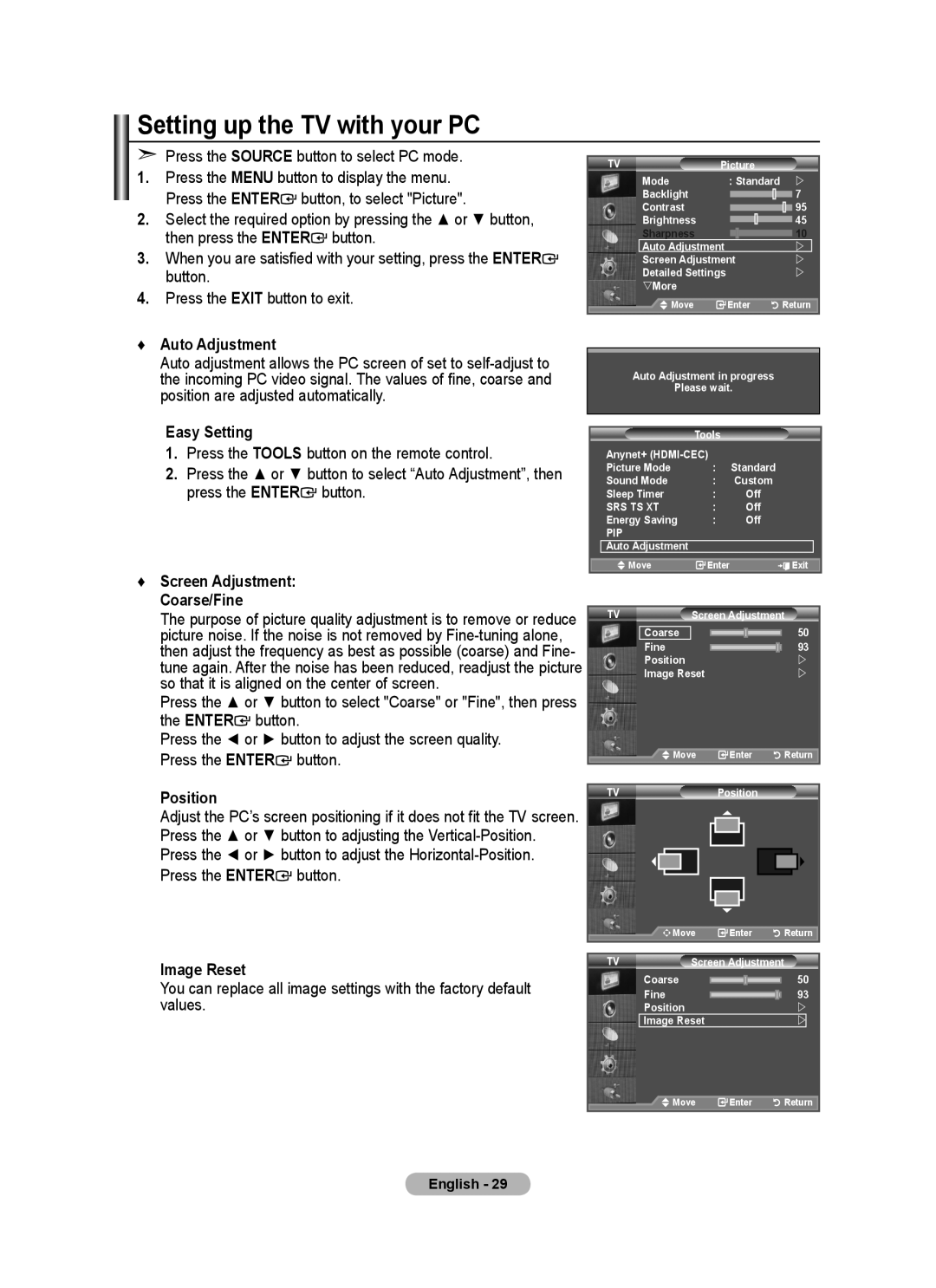 Samsung BN68-01508J-00 Setting up the TV with your PC, Press the Source button to select PC mode, Auto Adjustment 