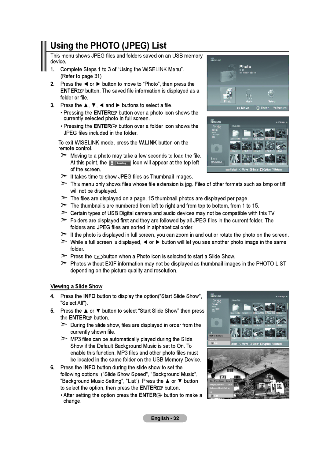 Samsung BN68-01508J-00 user manual Using the Photo Jpeg List, Viewing a Slide Show 