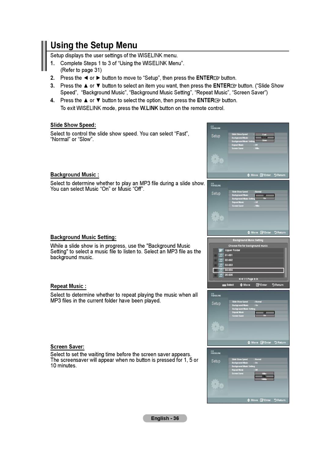 Samsung BN68-01508J-00 user manual Using the Setup Menu, Screen Saver 