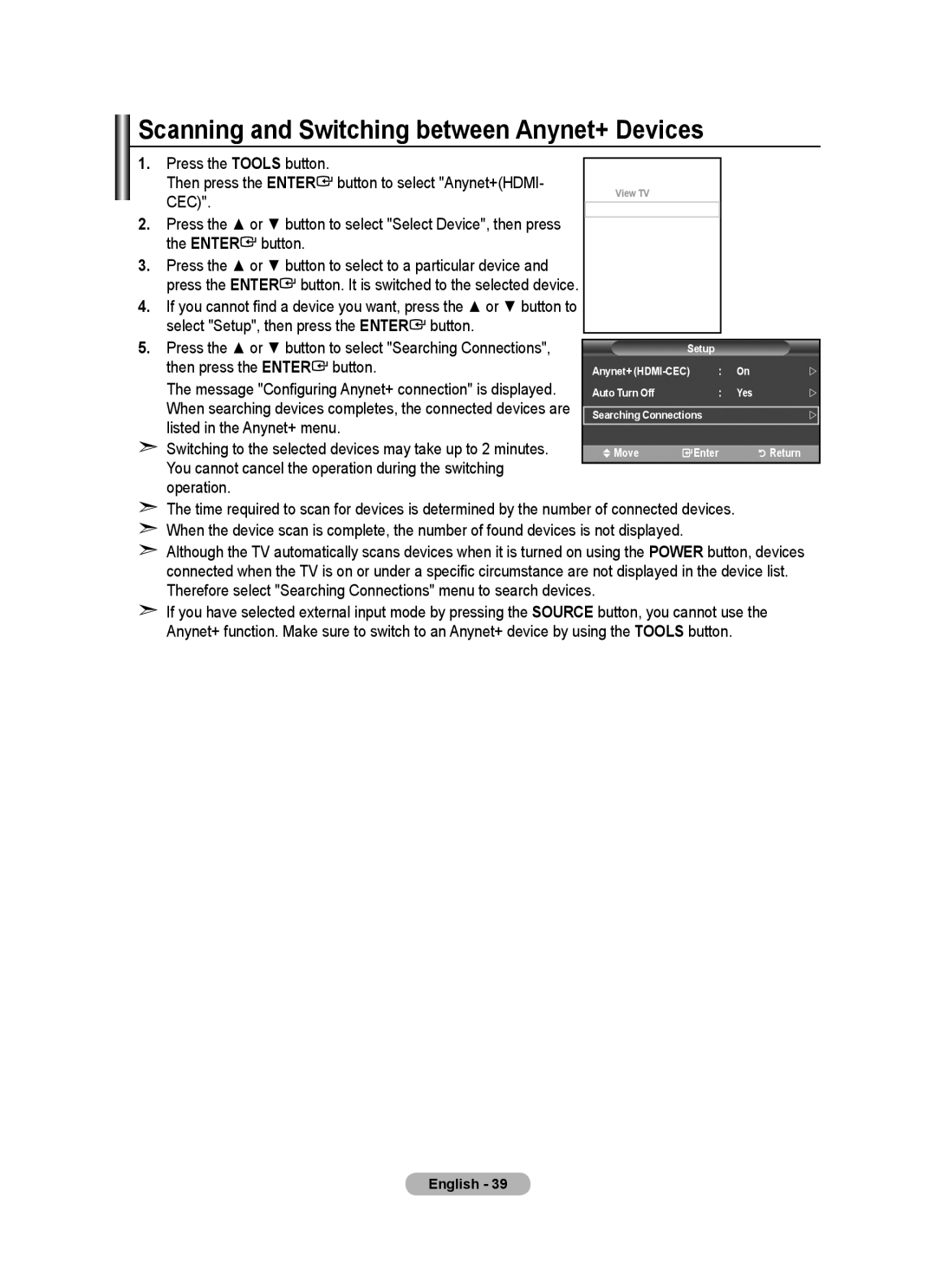 Samsung BN68-01508J-00 Scanning and Switching between Anynet+ Devices, Select Setup, then press the Enter button 